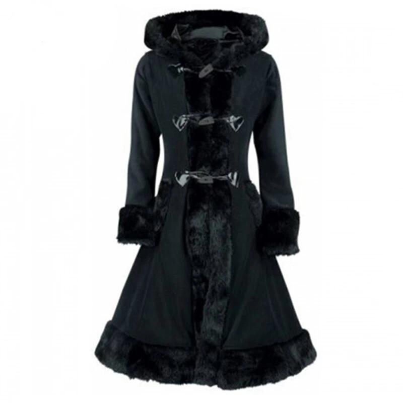 Vintage Black Flocking Hooded Winter Trench Coat for Women - Gothic Style Long Overcoat for Cold Weather, Parties & Cosplay