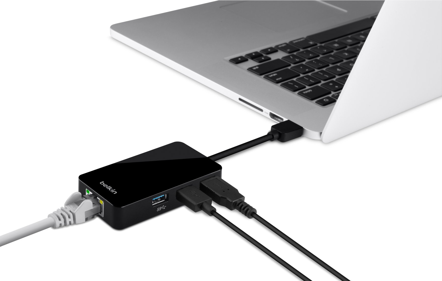 Belkin 3-Port USB 3.0 Hub with Gigabit Ethernet Adapter - High-Speed Data Transfer & Wired Network Connection - Compact USB Splitter for Laptop, Desktop, MacBook - Perfect for Home Office, Gaming & Remote Work (Black)
