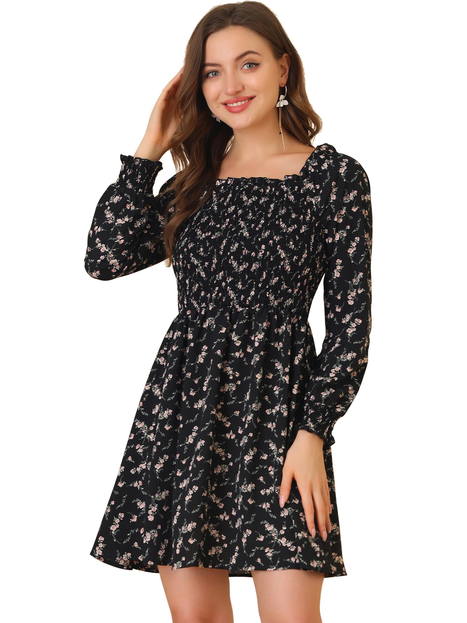 Allegra K Women's Floral Smocked Mini Dress with Square Neck & Long Sleeves - Valentine's Day Date Night, Wedding Guest, Spring Party Outfit