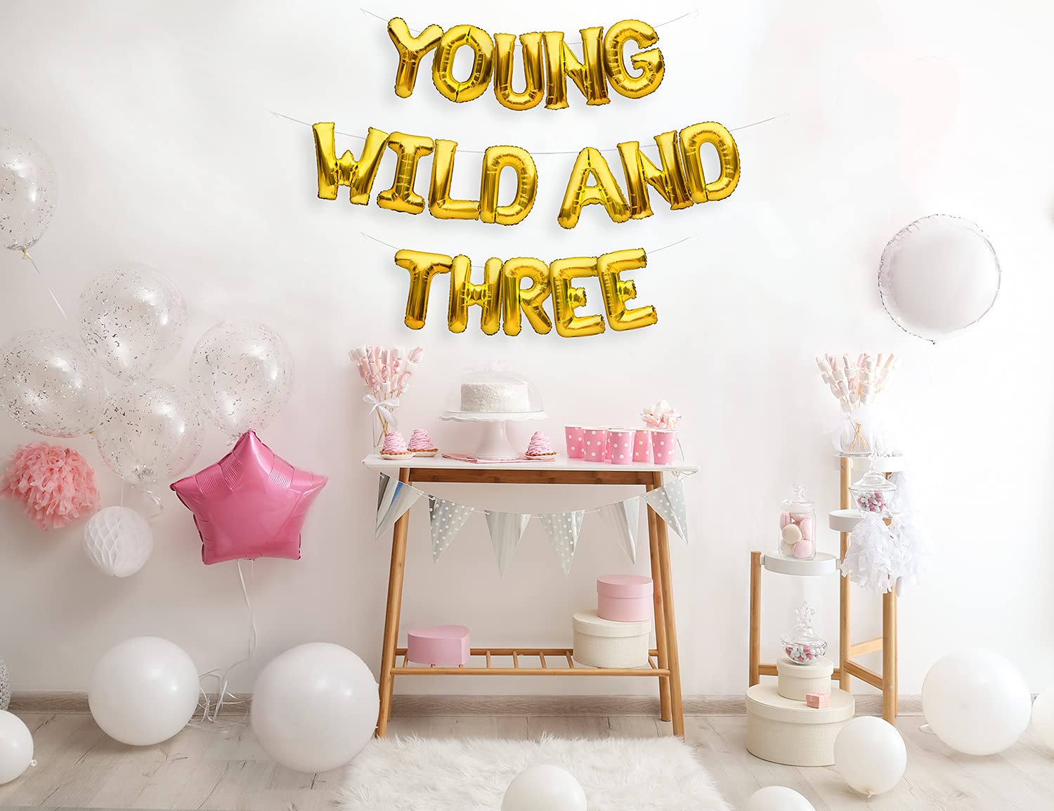 Gold Themed 3rd Birthday Party Decorations - Young Wild & Three Balloon Banner for Birthday Celebrations, Baby Showers & Special Events
