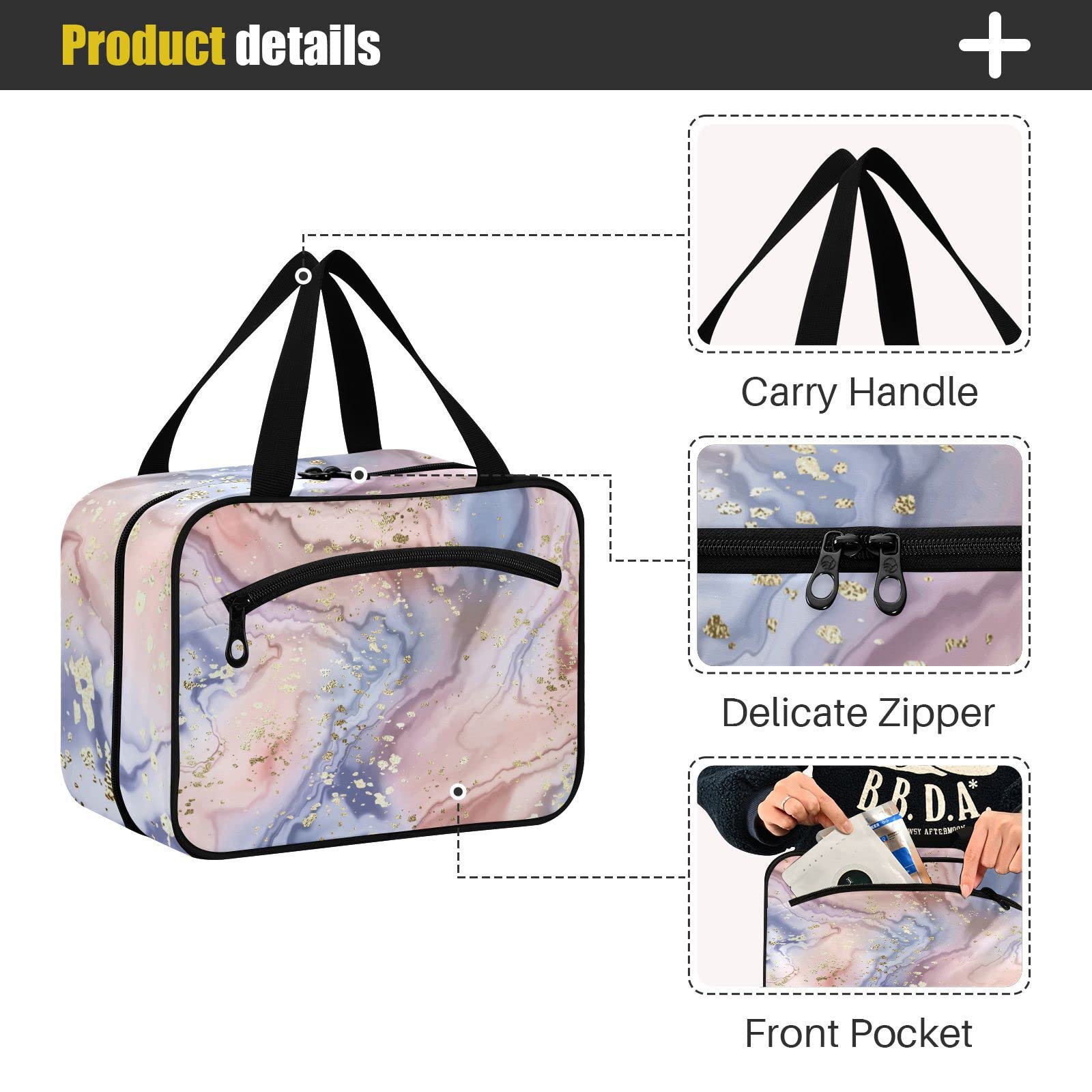 Gold Glitter Rose Marble Travel Toiletry Bag - Hanging Cosmetic Organizer for Women | Perfect for Vacation & Gym