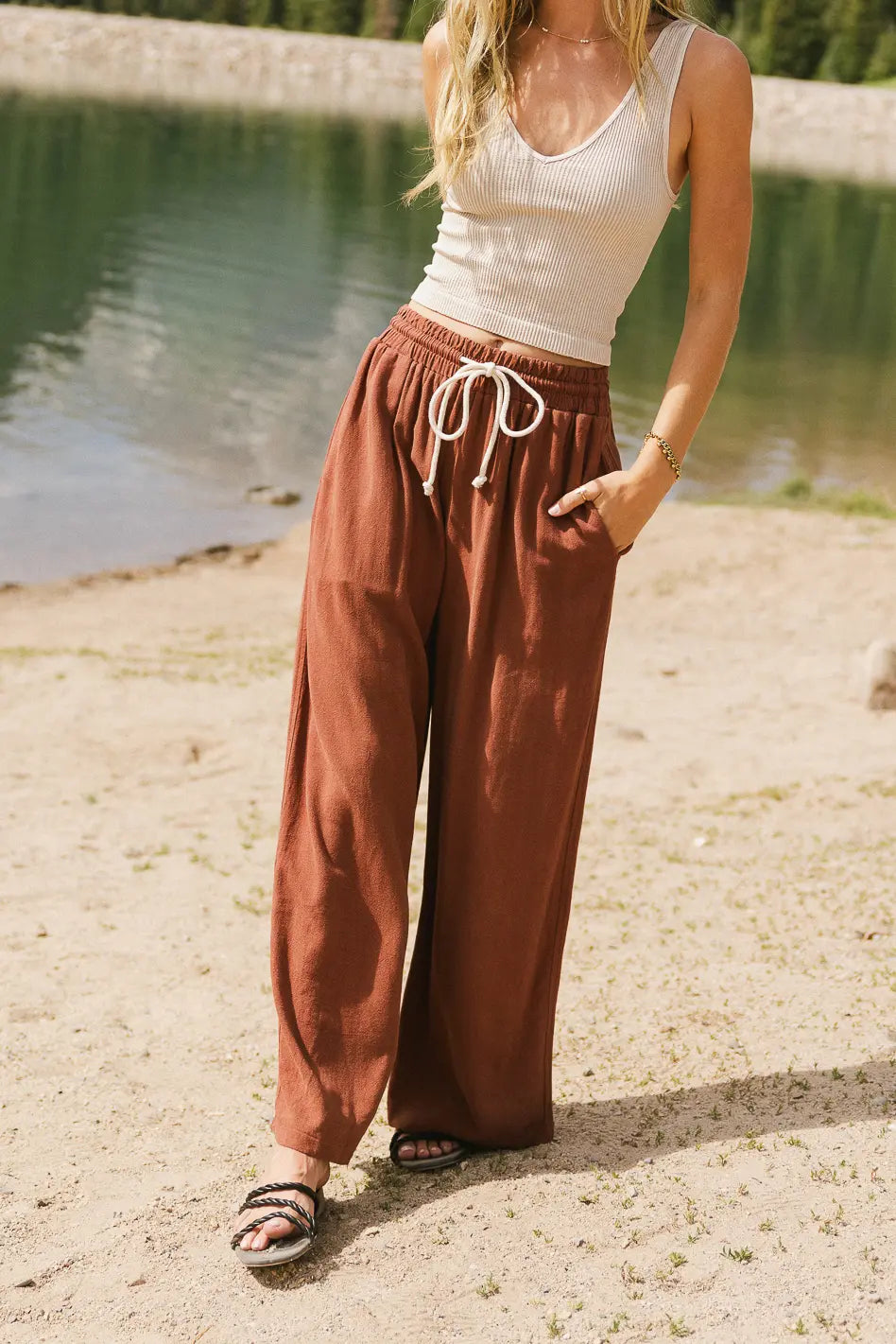Nico Women's High Waisted Wide Leg Pants in Rust Color - Comfortable Linen Blend Trousers for Work, Office & Casual Outfits