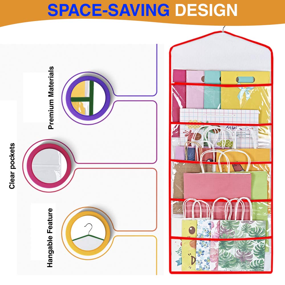 ProPik Hanging Gift Bag Storage Organizer - 38 x 16 Inch PVC Gift Wrap & Tissue Paper Holder (Red) - Perfect for Holiday Wrapping, Birthday Party Supplies & Craft Room Organization