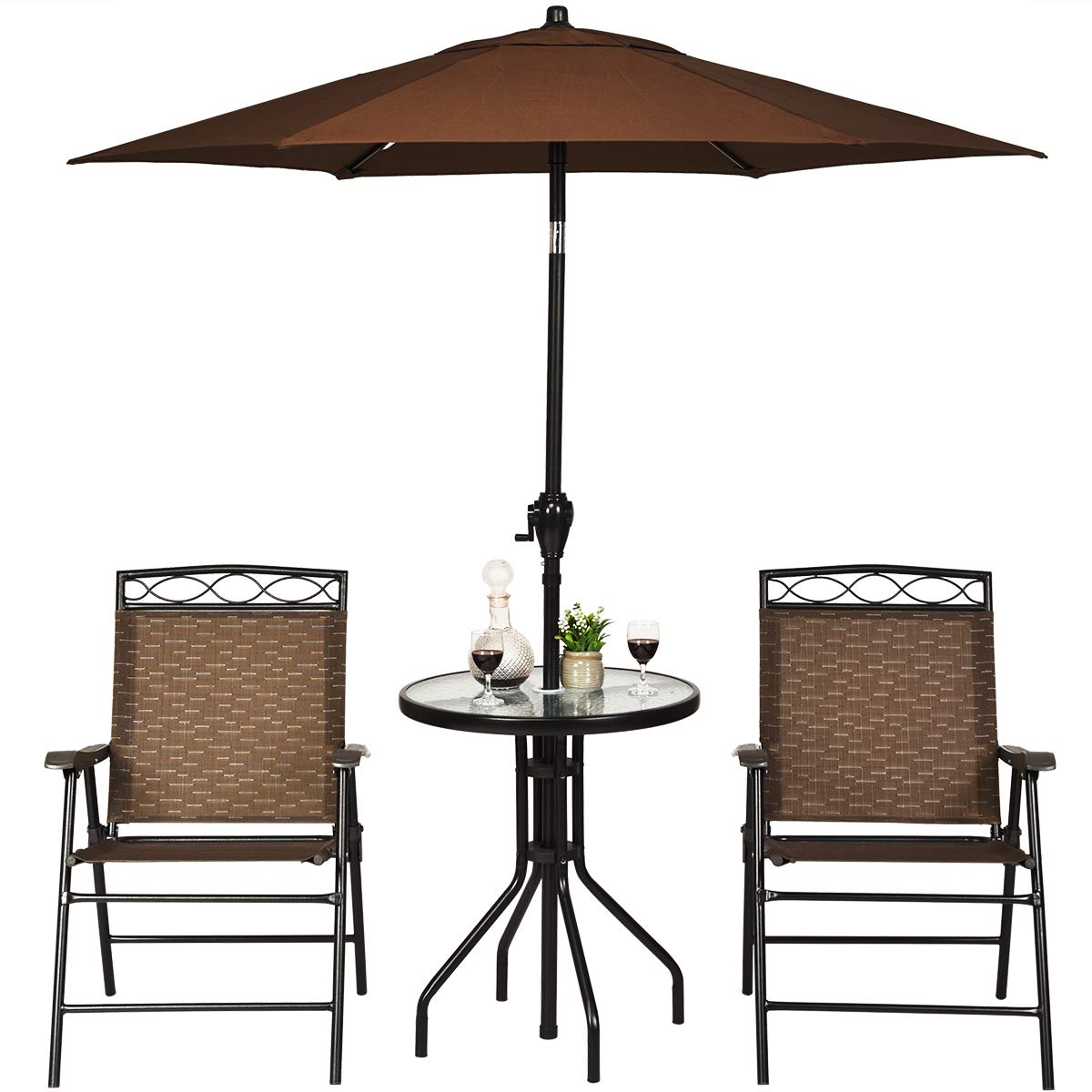 Giantex 3-Piece Outdoor Patio Dining Set with Round Tempered Glass Table & 2 Folding Chairs - Brown - Perfect for Garden, Poolside, Backyard & Balcony Use - Includes Umbrella Hole for Shade