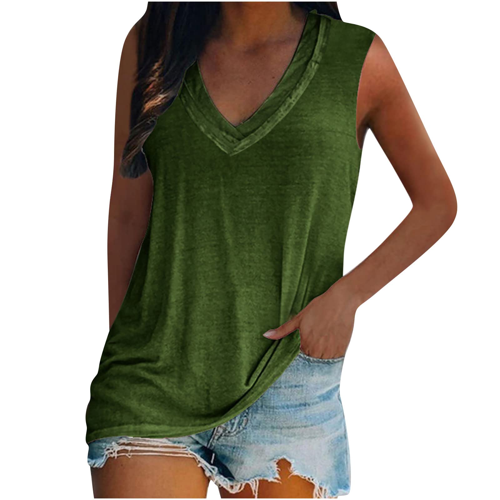 Women's Summer V-Neck Tank Tops - Cute Sleeveless Loose Fit Printed T-Shirts for 4th of July Outfits | Trendy Casual Tops for Beach, Picnic & Summer Parties
