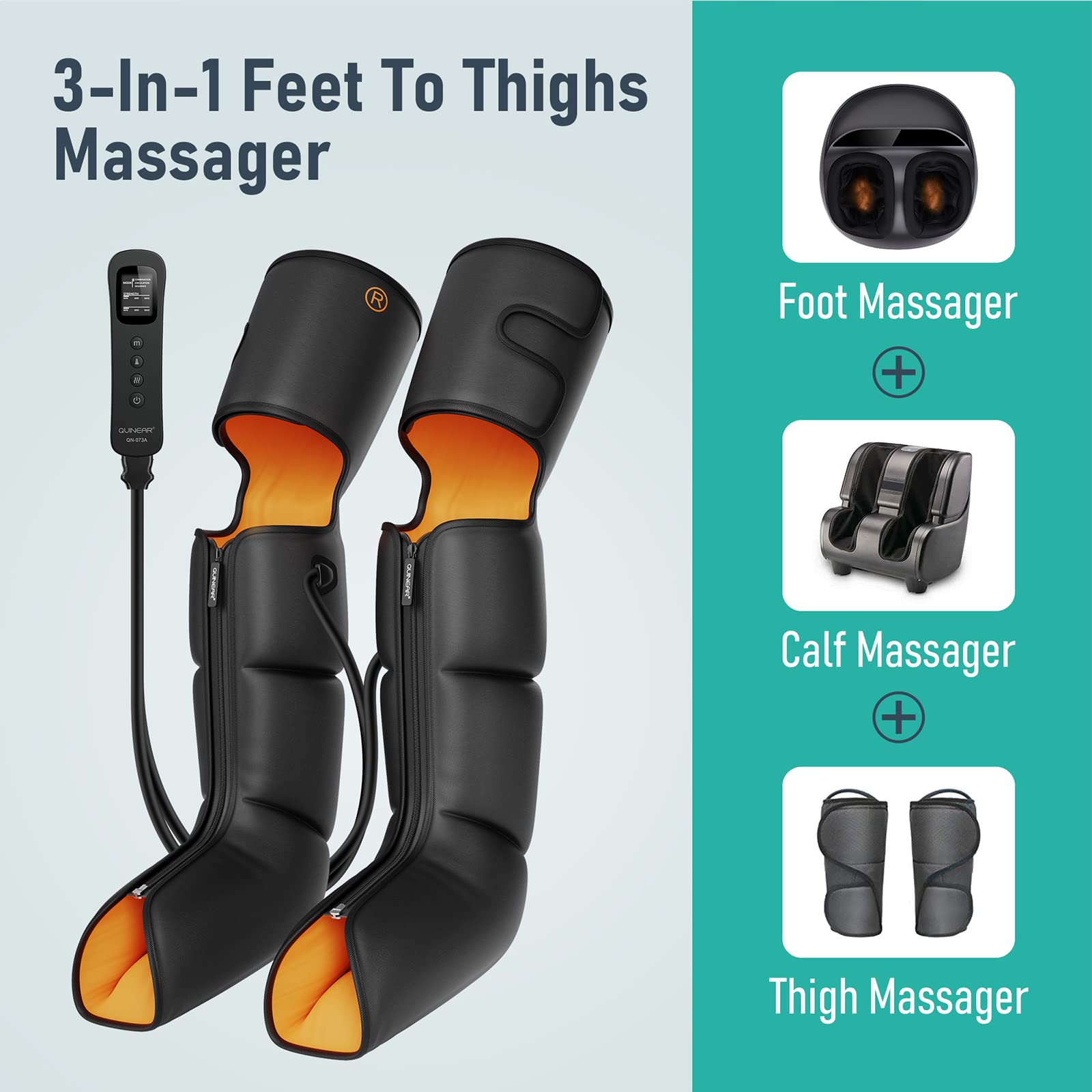 QUINEAR 3-in-1 Leg Massager with Heat & Compression - Foot Calf Thigh Massage Boots for Swollen Legs, Edema, RLS Pain Relief - FSA HSA Eligible - Perfect for Home Relaxation, Post-Workout Recovery & Circulation Improvement