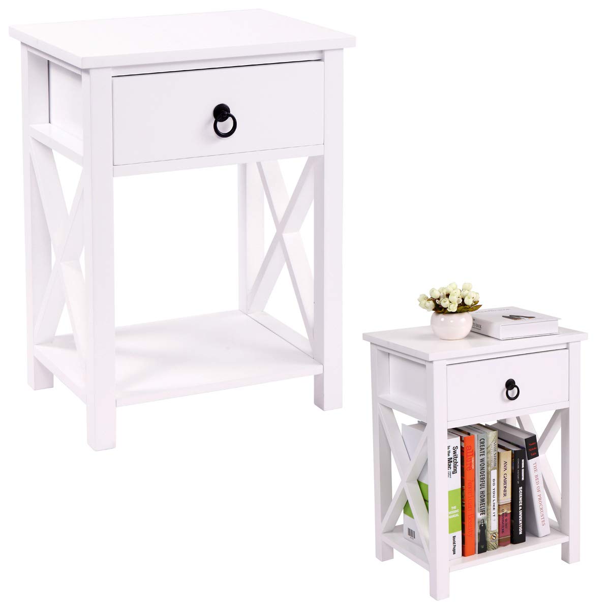 Modern White X-Design End Table Set of 2 - Wooden Nightstands with Storage Shelf & Drawer for Living Room, Bedroom, Office - Perfect for Small Spaces, Apartment Decor & Guest Room Furniture