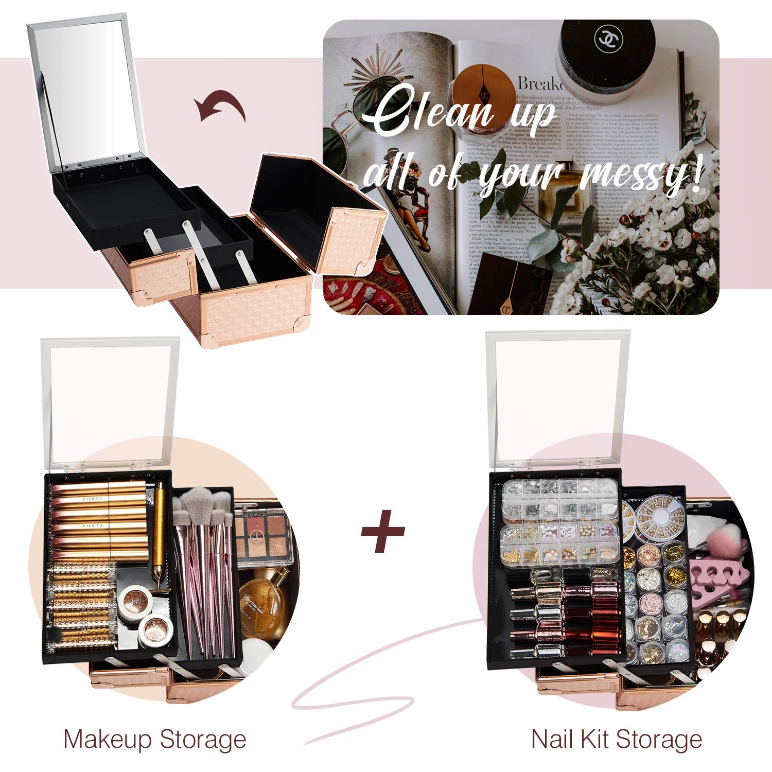 Joligrace Beauty Makeup Train Case - Portable Cosmetic & Jewelry Organizer with Lock, Keys & Mirror | 2-Tier Storage Box with Handle | Rose Gold | Perfect for Travel, Salon & Home Organization