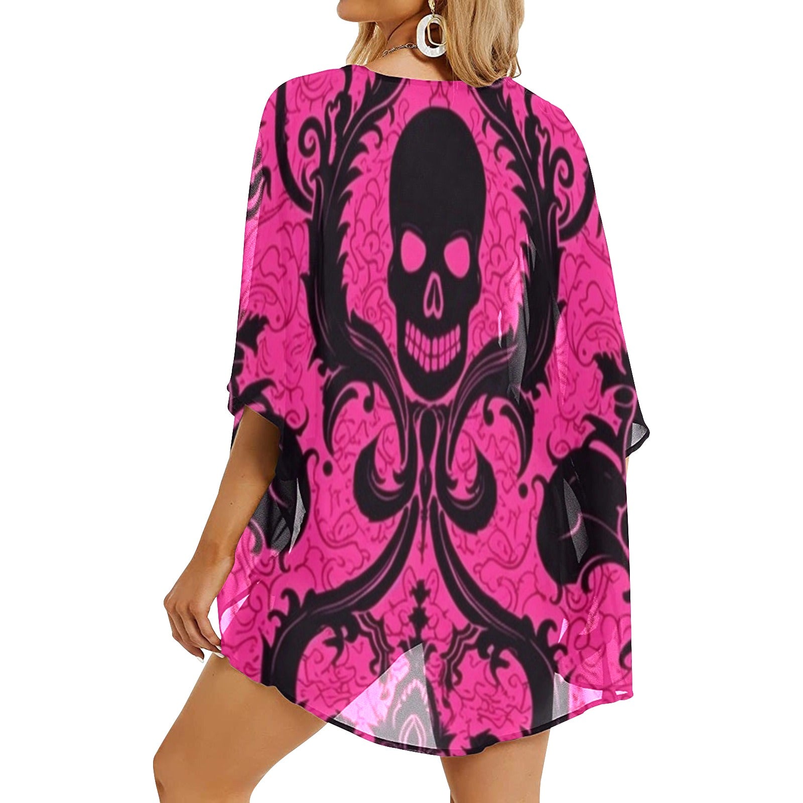 Black Skull Print Pink Kimono Chiffon Cover Up - Lightweight Beachwear for Women, Summer Pool Party, Boho Fashion, Vacation Essentials