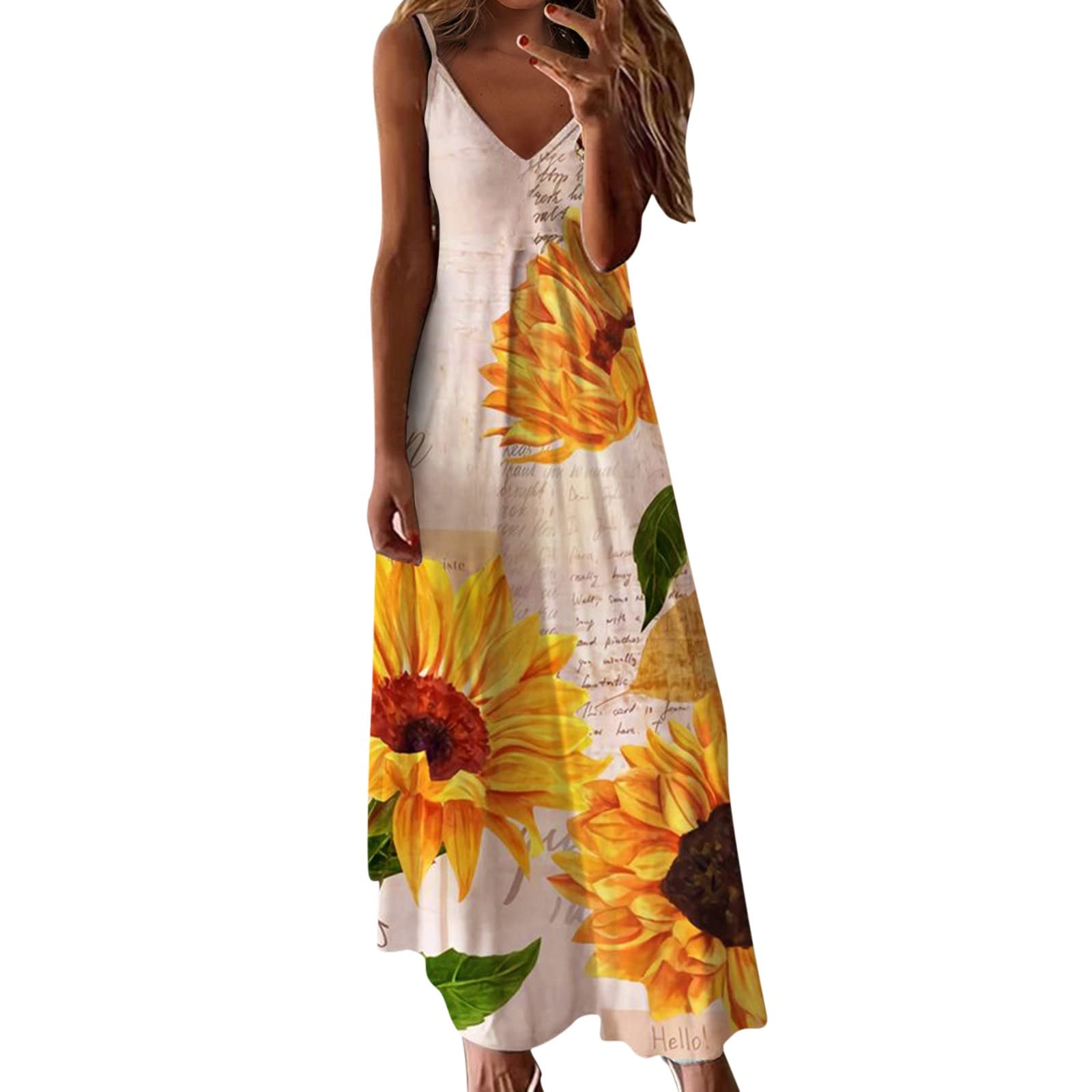 Women's Floral Sleeveless V-Neck Linen Maxi Dress - High Low Hem Flowy Summer Party Outfit for Beach, Vacation & Special Occasions