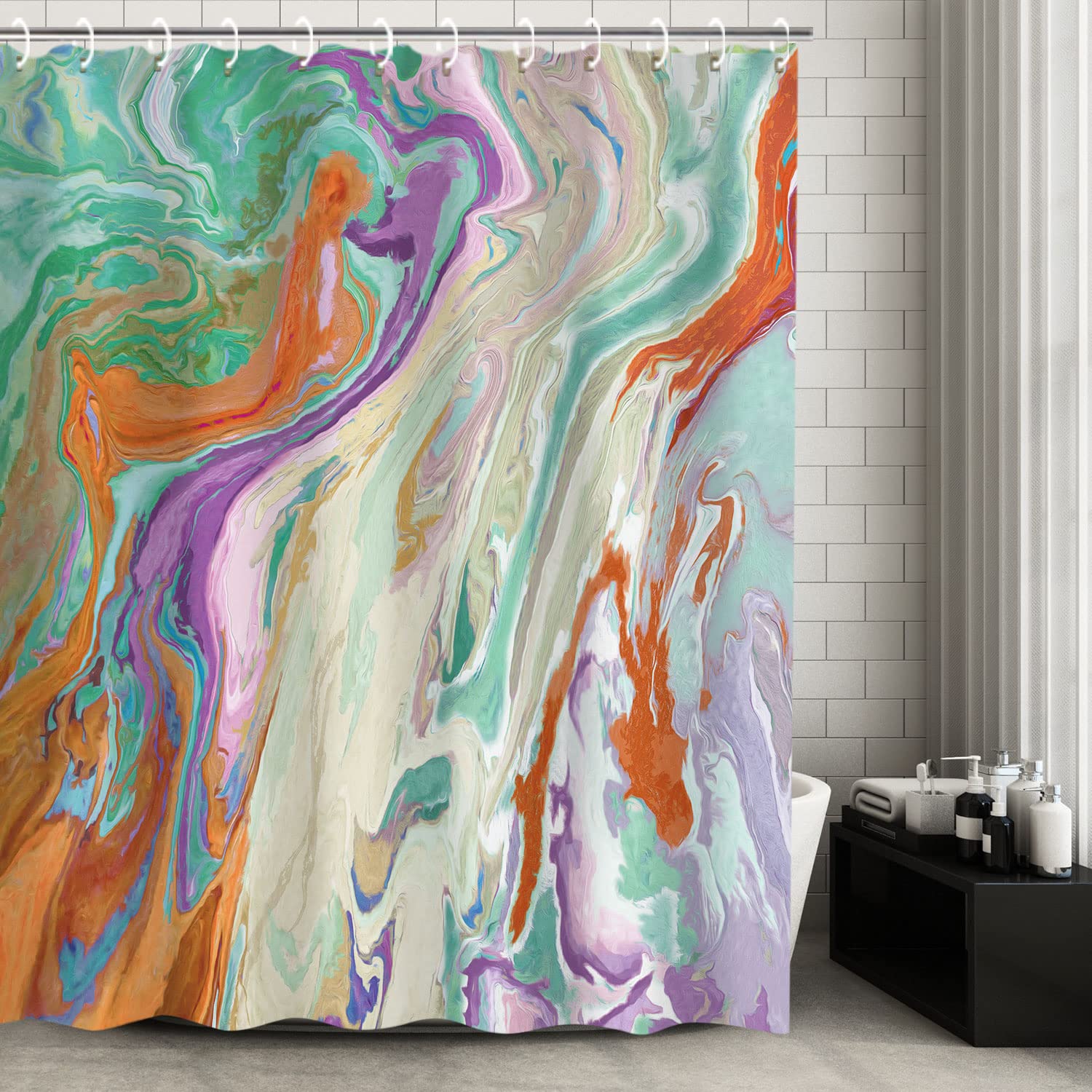 LIVILAN Marble Abstract Watercolor Shower Curtain Set - 72x84 Inches with 12 Hooks, Mixed Grey Purple Green Orange - Elegant Bathroom Decor for Modern & Vintage Styles