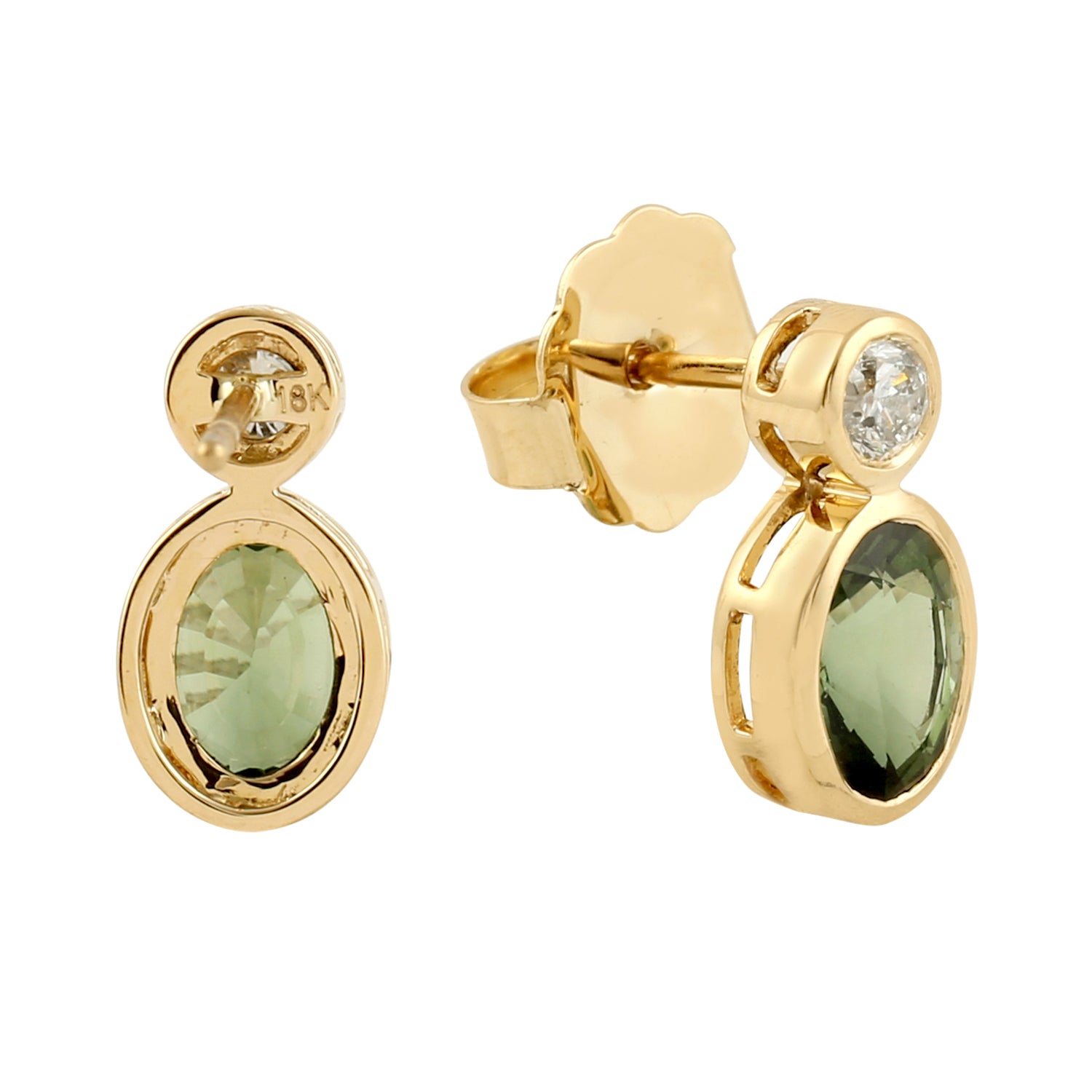 18K Yellow Gold Green Tourmaline Bezel Set Rose Cut Diamond Dangle Earrings – Elegant Statement Jewelry for Weddings, Parties & Special Occasions