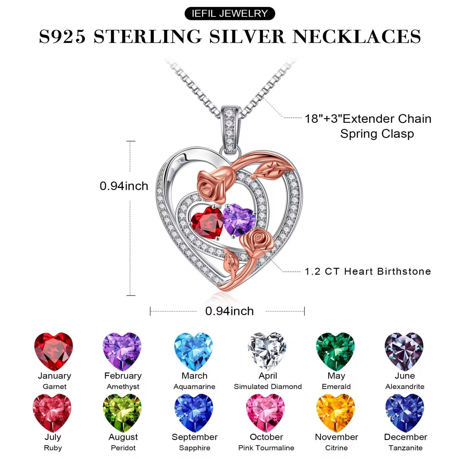 925 Sterling Silver Rose Heart Birthstone Necklace for Women - Personalized Jewelry Gift for Wife, Girlfriend, Mom | Anniversary, Birthday, Mother's Day Present | Elegant Necklace for Everyday Wear & Special Occasions