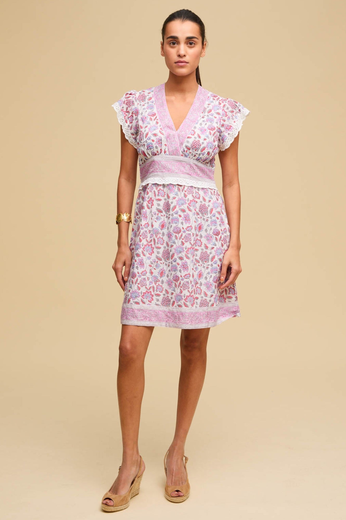 Pippa Block Print Mini Dress - Floral Summer Dress for Women | White & Pink | Perfect for Beach, Vacation & Casual Outings