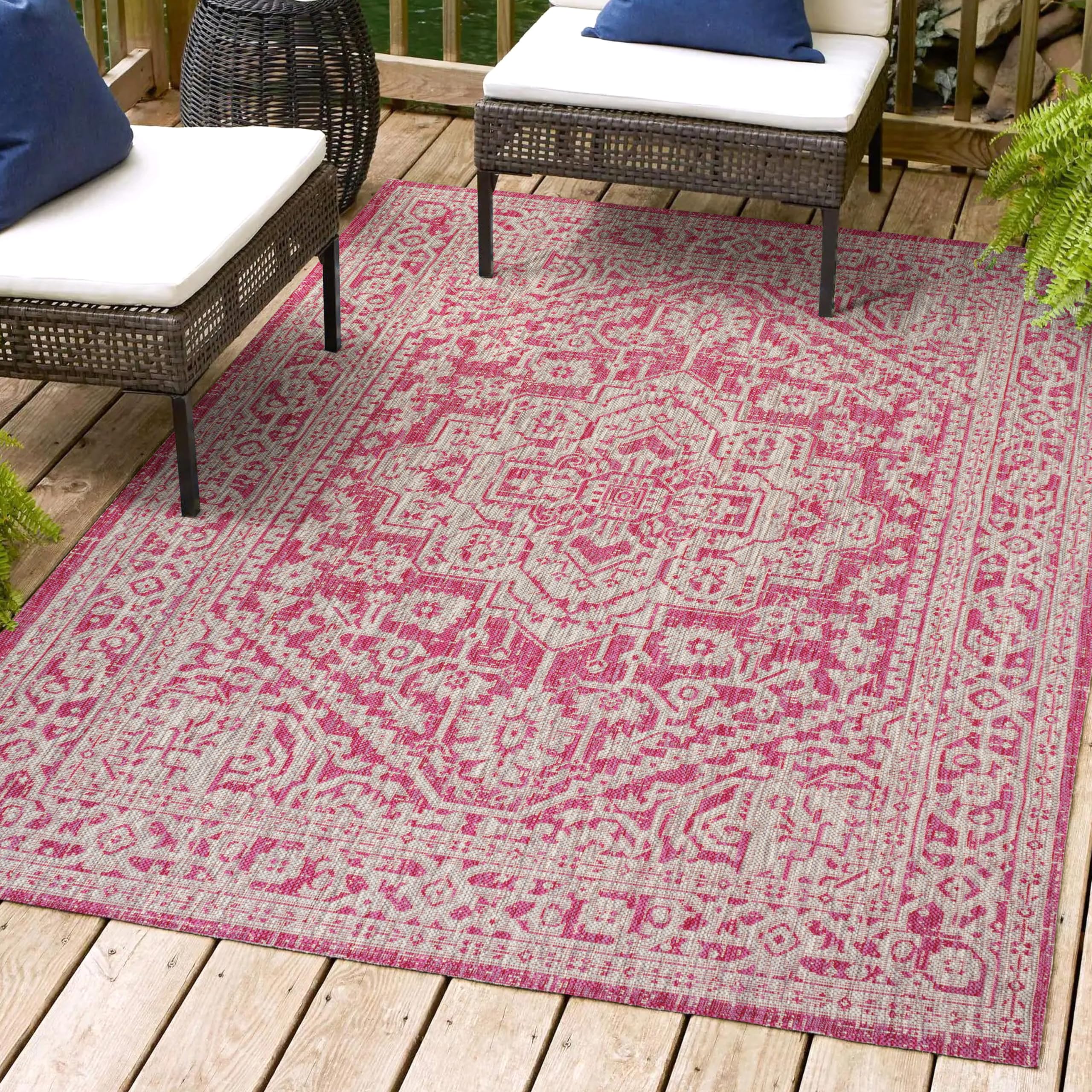 JONATHAN Y SMB101G-9 Sinjuri Medallion Textured Weave Indoor/Outdoor Area Rug - Bohemian Traditional Transitional Design, Easy-Cleaning Non-Shedding 9x12 Feet, Fuchsia & Light Gray - Perfect for Bedroom, Kitchen, Backyard, Patio & Living Room Decor