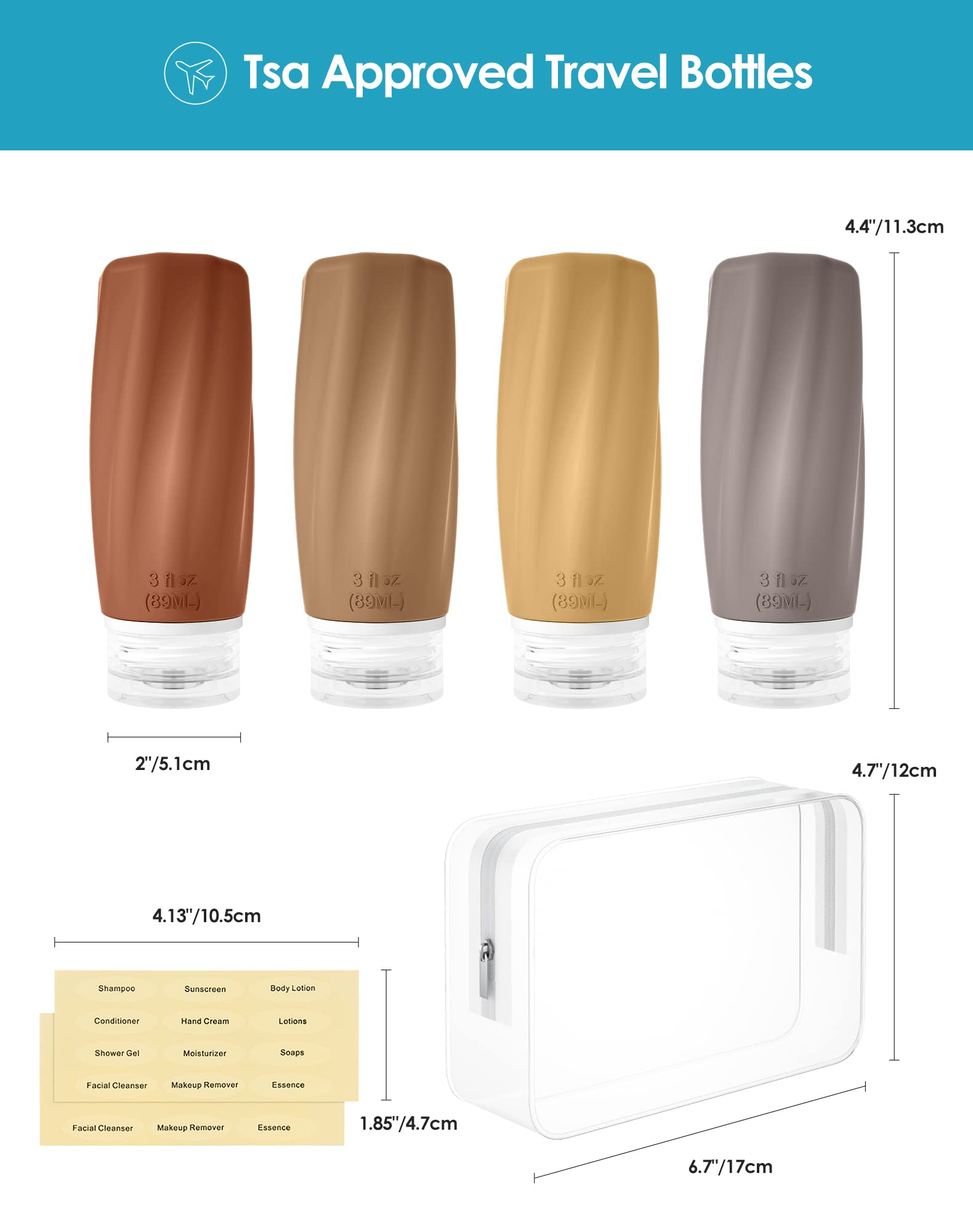 TSA Approved 3oz Travel Bottles for Toiletries - Leak Proof & Refillable Squeezable Containers for Shampoo, Conditioner & Lotion | Perfect for Air Travel, Gym & Vacation Essentials (Brown)