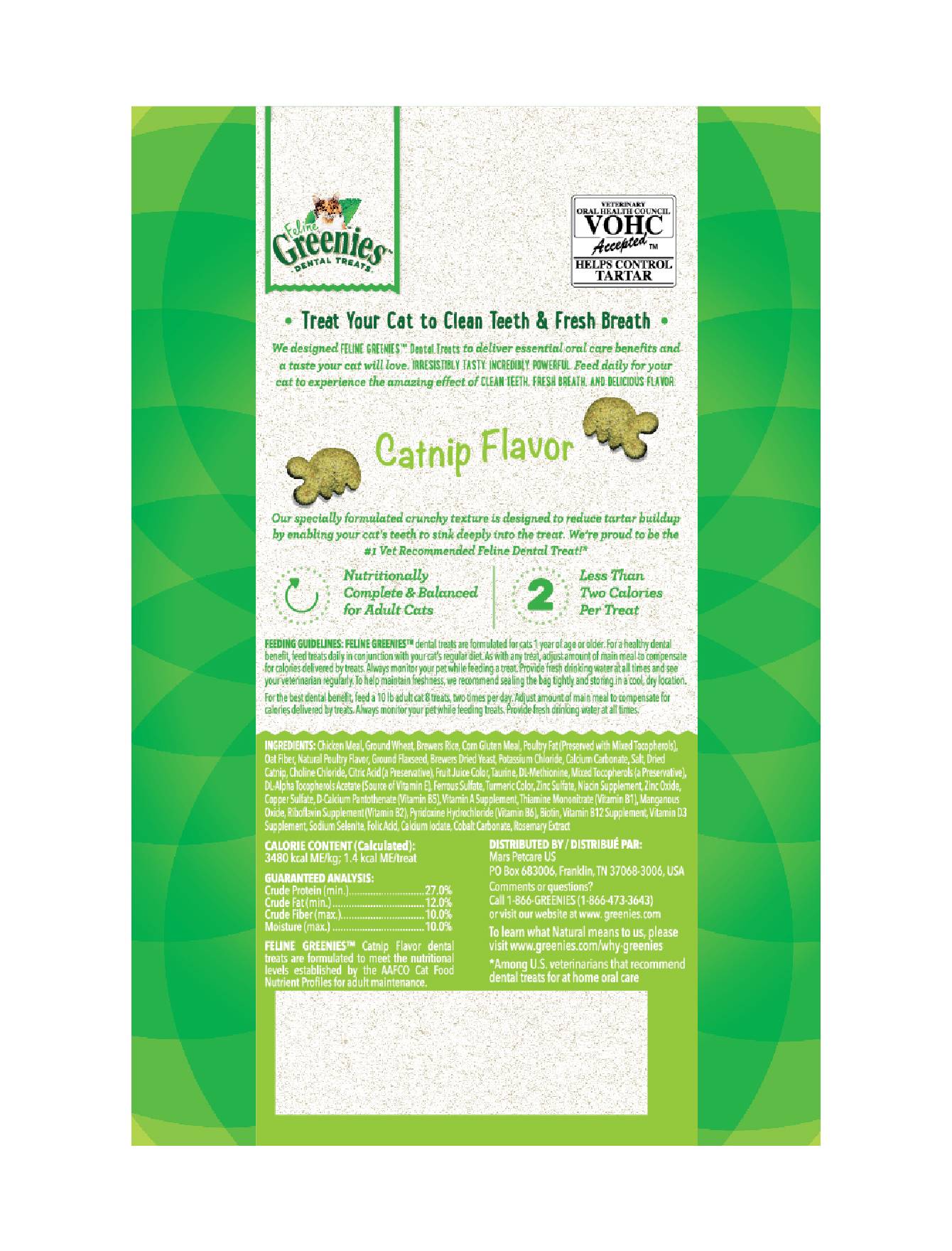 Greenies Feline Dental Treats for Cats - Natural Catnip Flavor, 60g - Promotes Oral Health & Fresh Breath for Indoor & Outdoor Cats