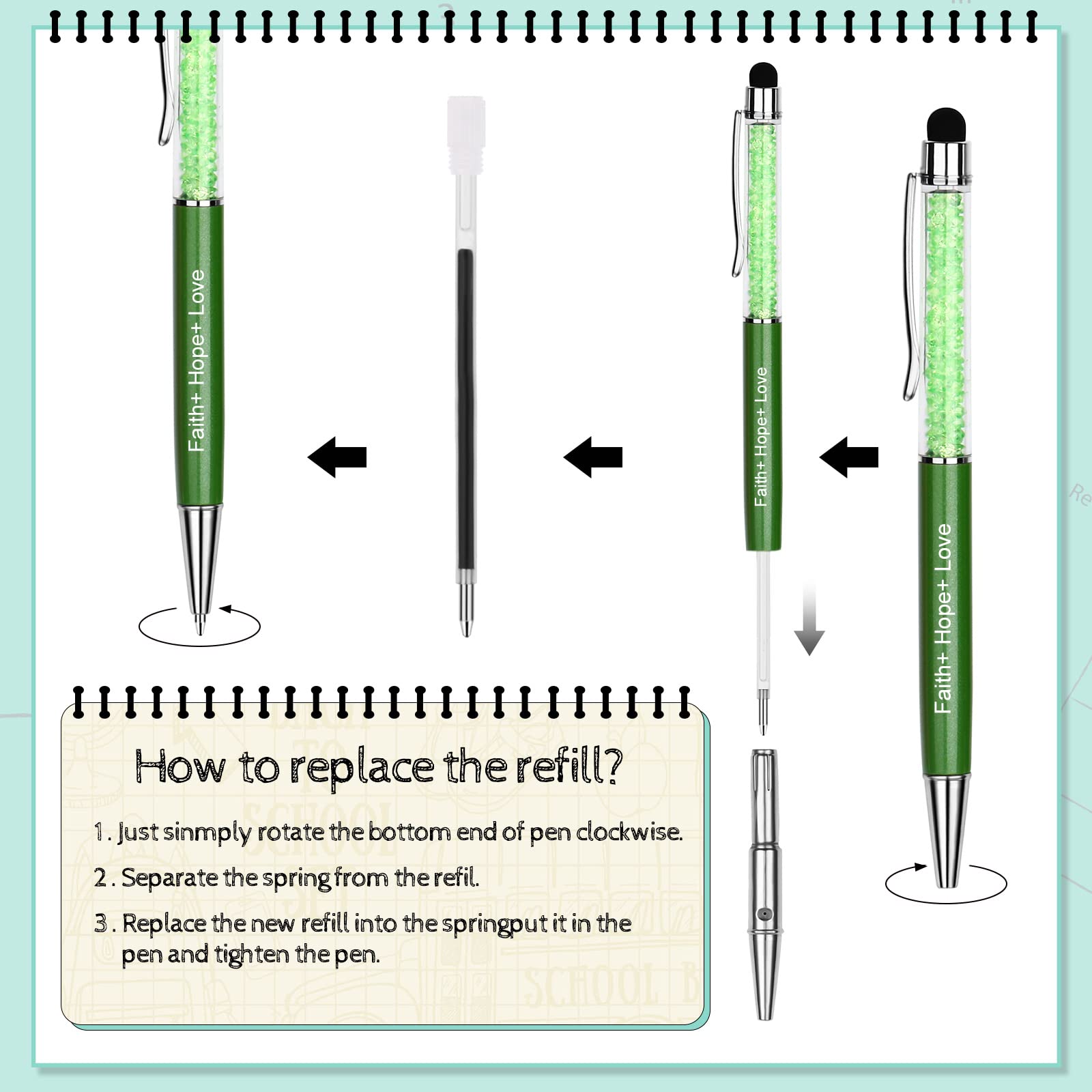 Bnesi 2-in-1 Personalized Crystal Pens with Stylus - 10 Blue Refillable Ink Cartridges - Compatible with Tablets, Smartphones & Laptops - Perfect for Office Work, Note Taking & Digital Signatures