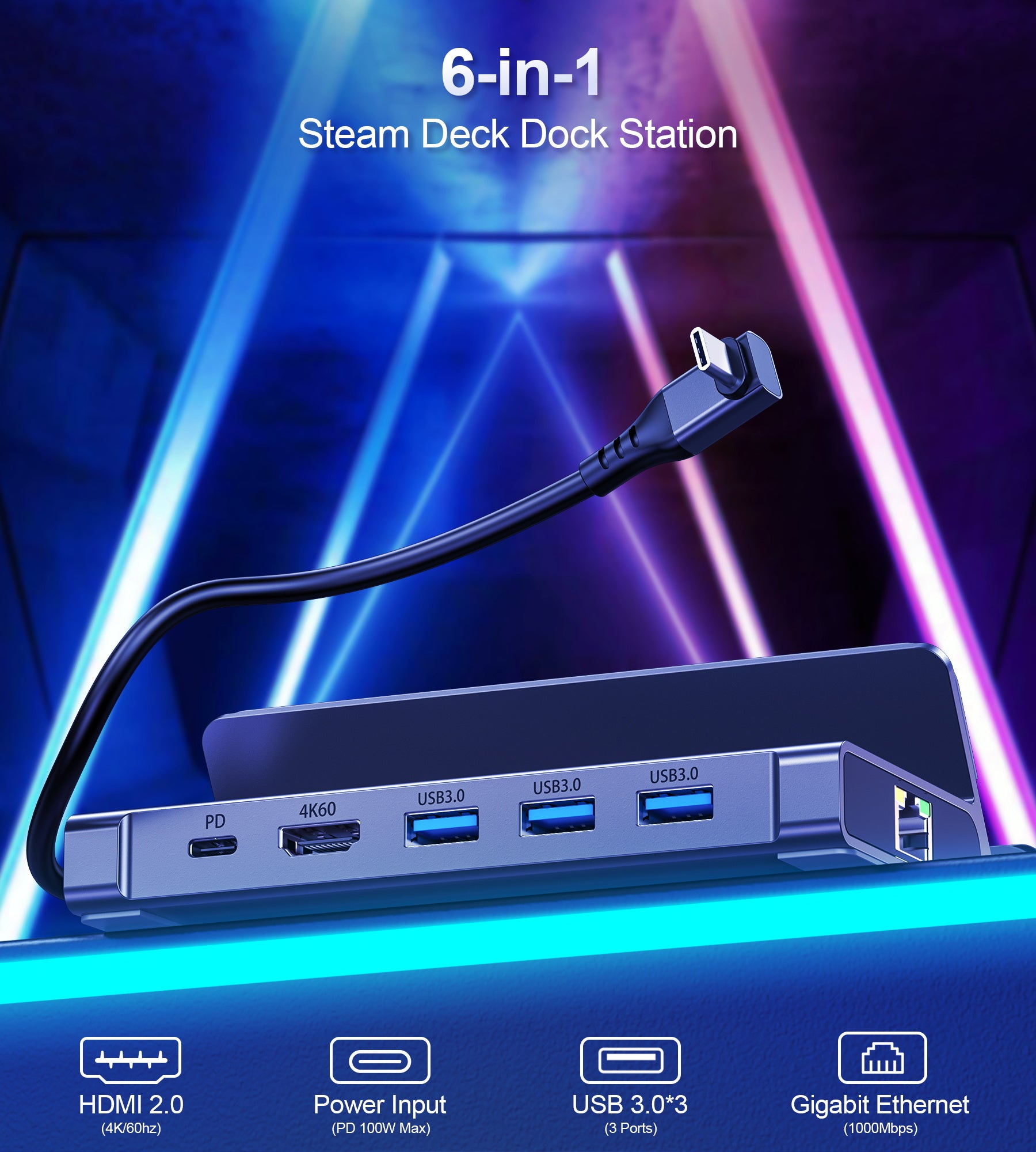 Choetech 6-in-1 USB C Hub with 4K HDMI, 3 USB 3.0 Ports, Gigabit Ethernet & 100W PD - Universal Docking Station for Steam Deck, MacBook, Laptop - Perfect for Gaming, Work & Home Office Setup