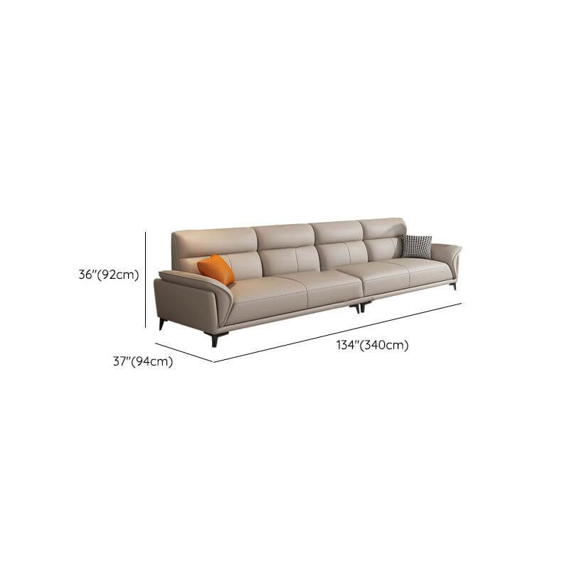 Modern Dove Grey Scratch-Resistant Solid Color Cow Leather Upholstered 4-Seater Sofa with 2 Pillows - Perfect for Living Room, Lounge, and Office Spaces