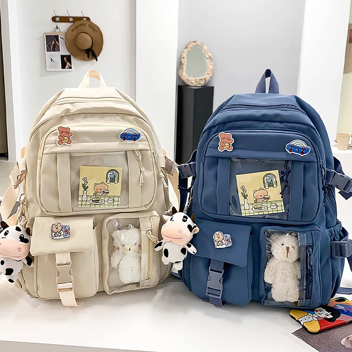 Cute Kawaii Aesthetic Backpack with Badge Pins & Keychain Pendant - Lightweight Travel Backpack for School, College, Anime Conventions & Daily Use