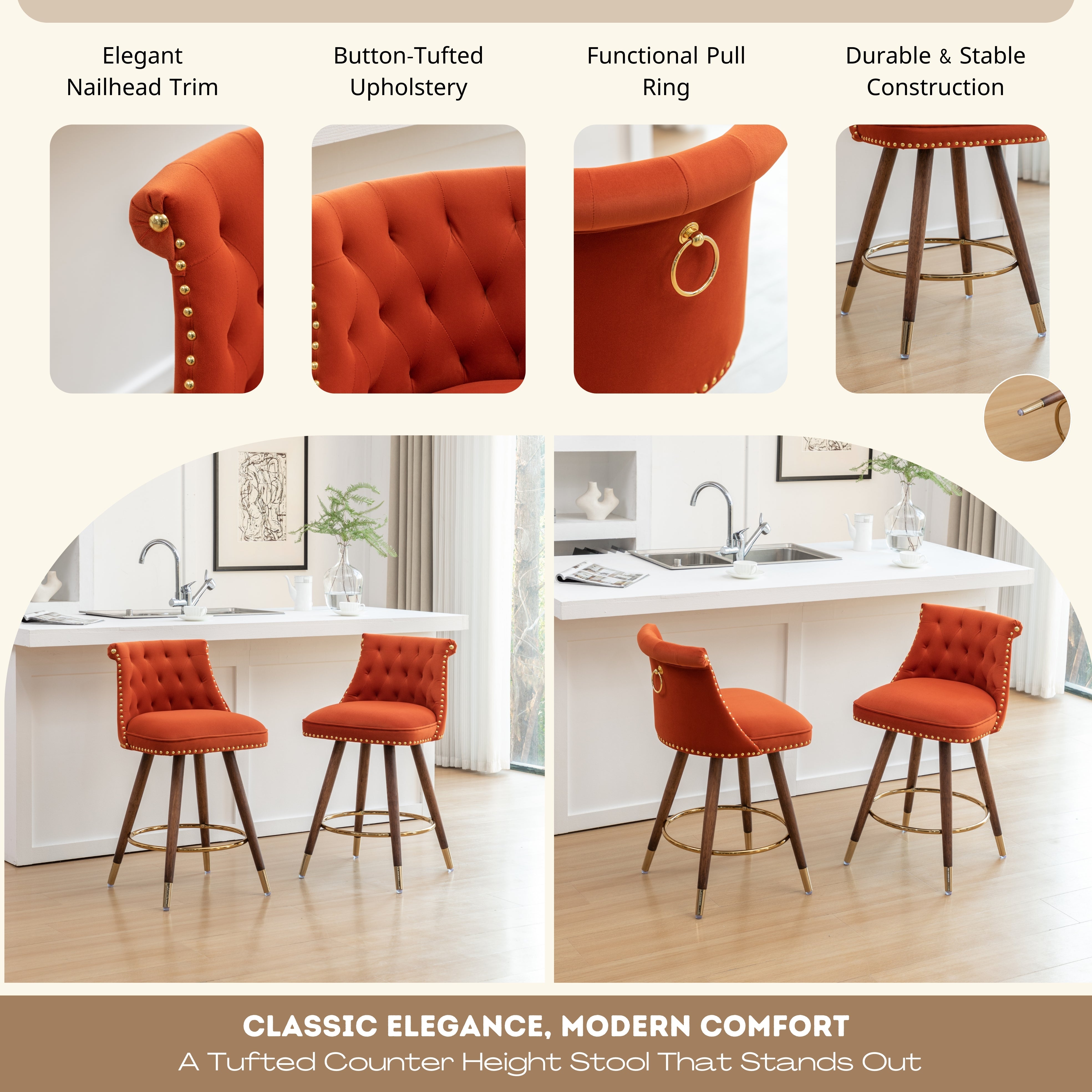 Roundhill Furniture Elvara Set of 2 Button Tufted Counter Stools with Nailhead Trim - Modern Kitchen Bar Stools for Breakfast Nook, Kitchen Island & Home Decor