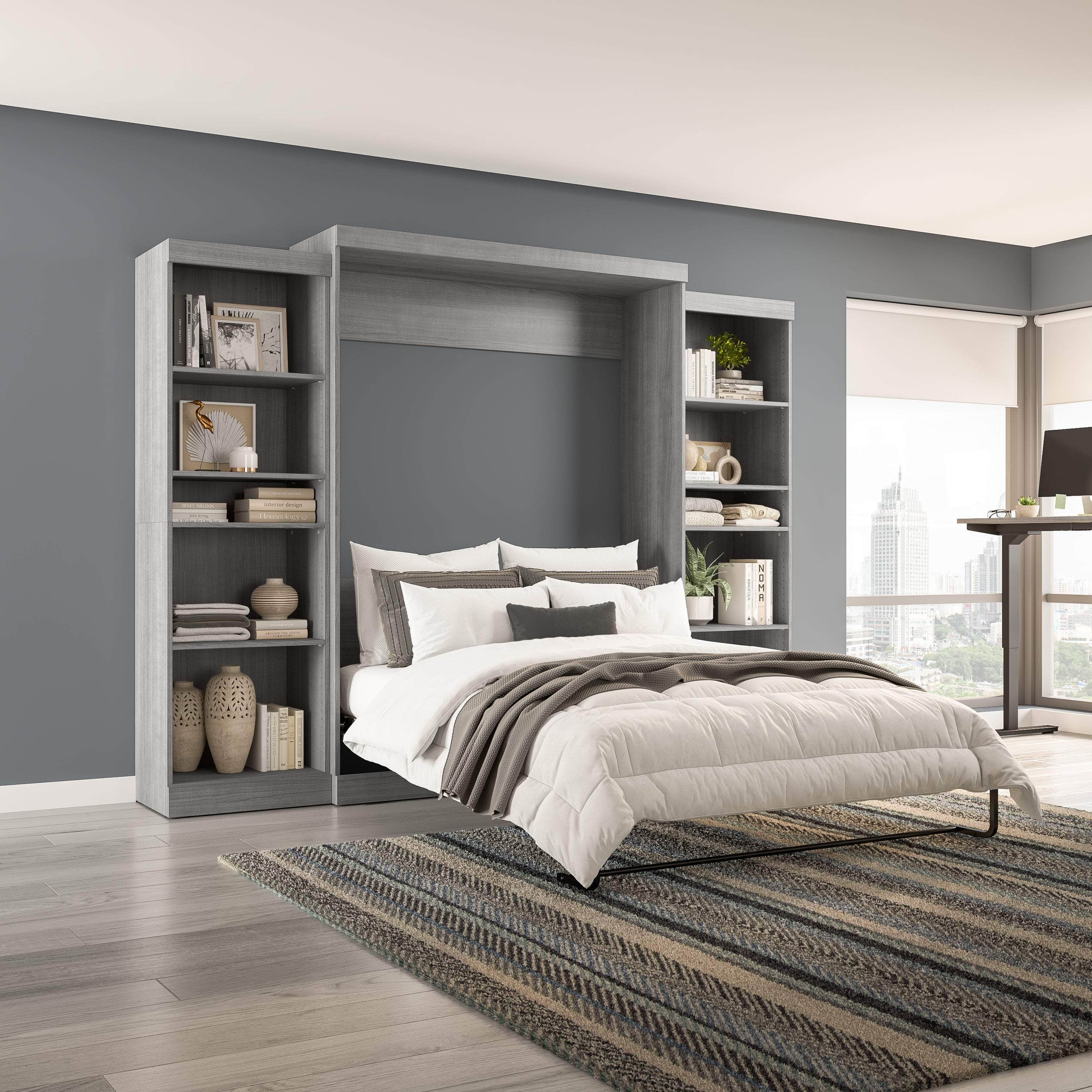 Pur Queen Murphy Wall Bed with 2 Storage Units (115W) - 7 Color Options | Space-Saving Foldable Bed for Small Apartments, Guest Rooms & Home Offices
