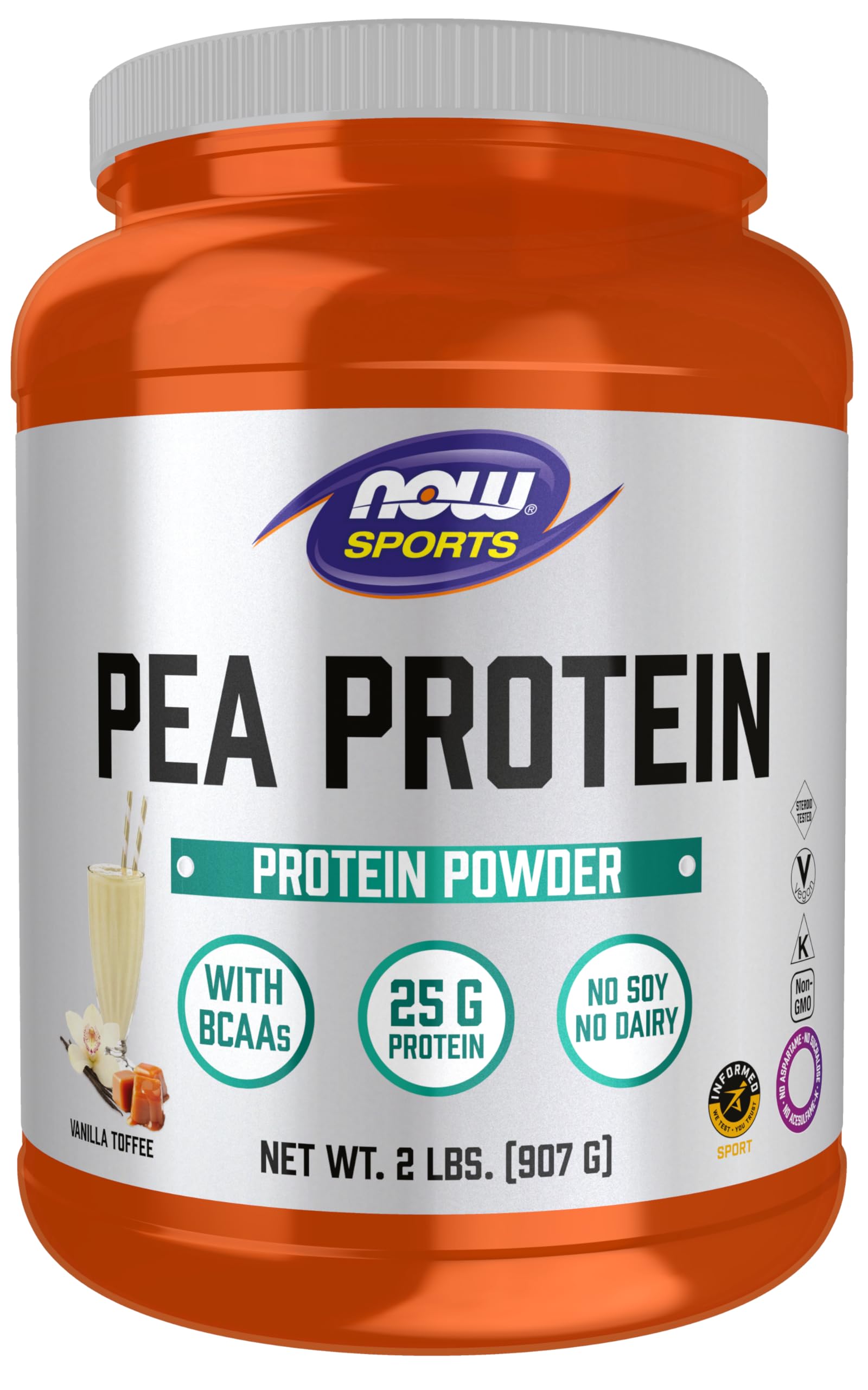 NOW Foods Sports Nutrition Pea Protein Powder 25g with BCAAs - Easy Digest Vanilla Toffee Flavor, 2 lb for Muscle Recovery & Post-Workout Shakes