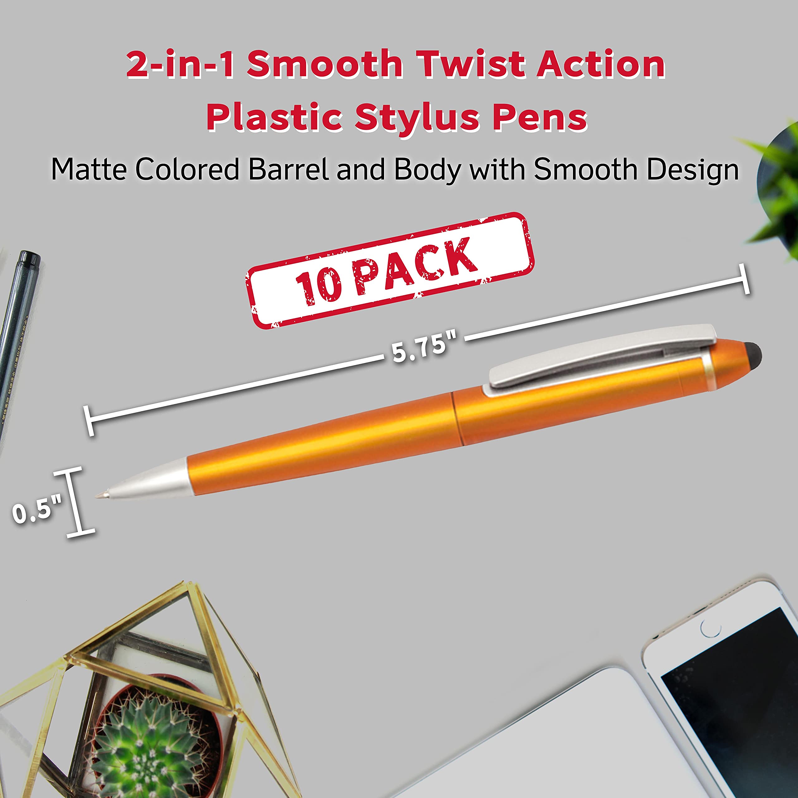 10-Pack Gillette Twist Action Plastic Stylus Pens - Black Ink, Orange Barrel, Smooth Writing for Office, School & Note-Taking (Plastic, Twist Mechanism)