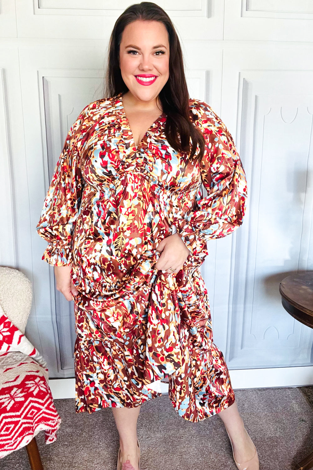 Feeling Femme Mocha Floral Print V-Neck Satin Maxi Dress for Women | Elegant Evening Gown for Weddings, Parties & Special Occasions