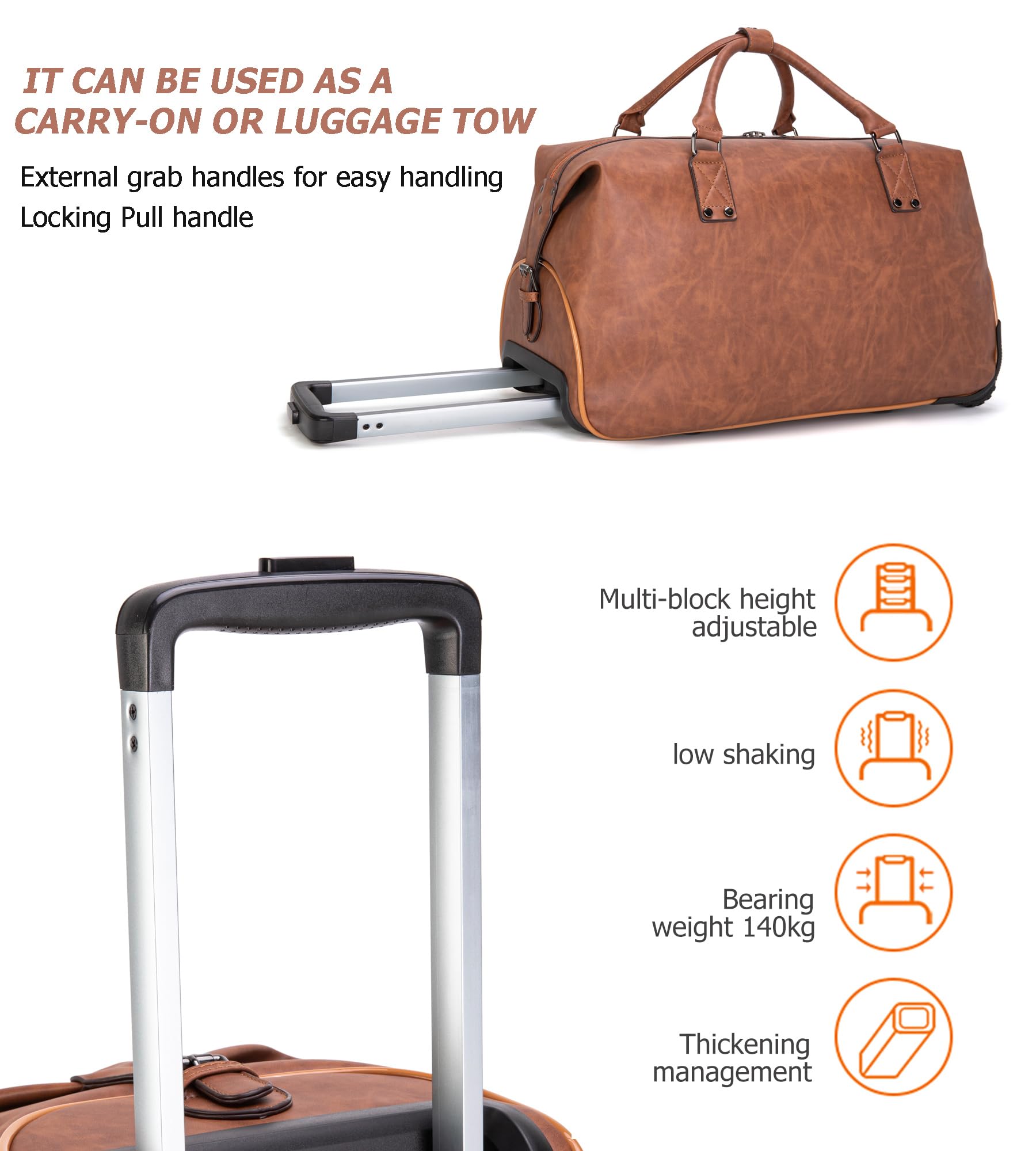 Premium Leather Travel Duffel Bag with Wheels - Waterproof Unisex Weekender & Toiletry Carry-On Suitcase for Overnight Trips (Brown) | Business Travel, Gym Bag, Weekend Getaways & Airplane Luggage