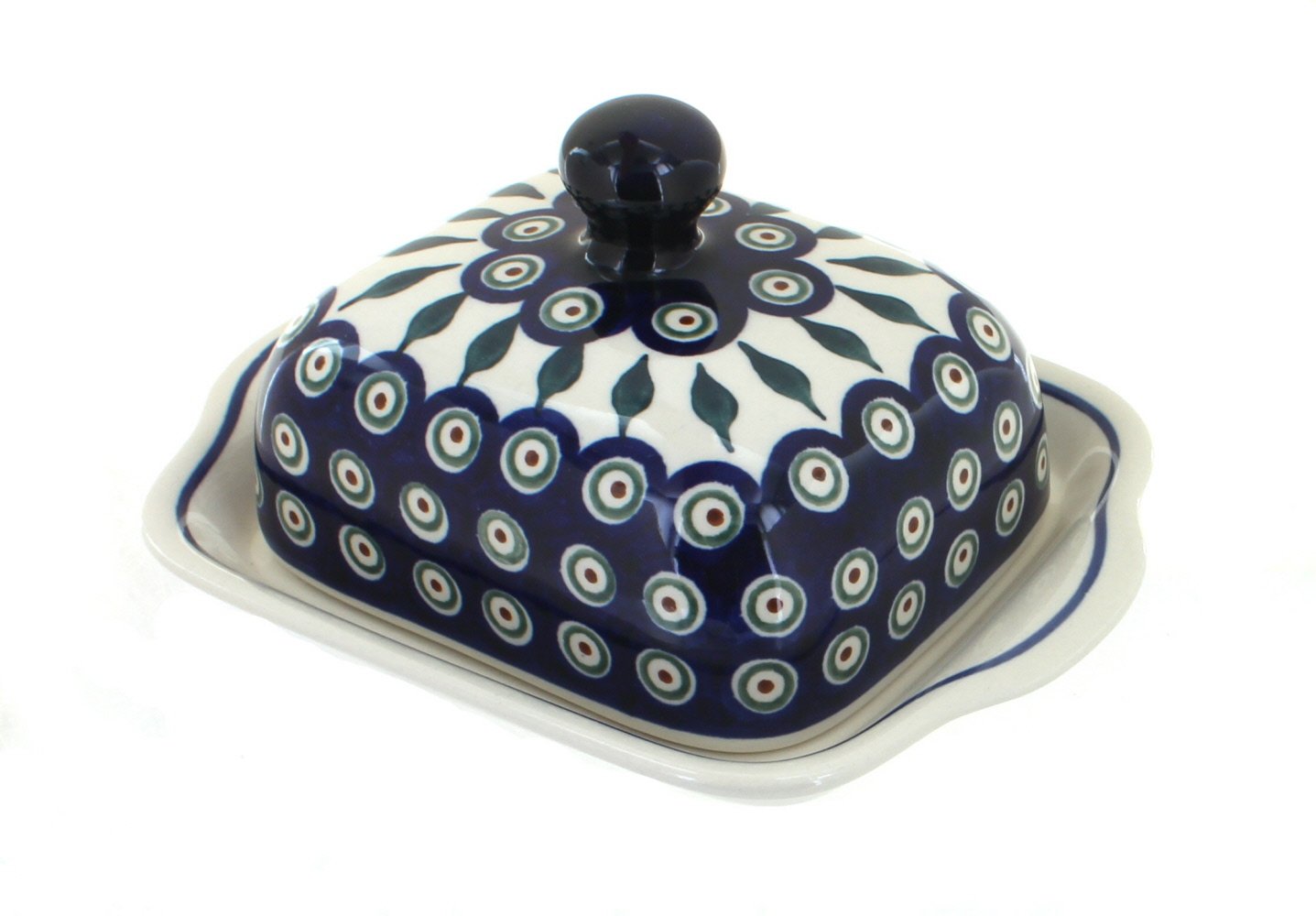 Handmade Blue Rose Polish Pottery Peacock Square Butter Dish - Elegant Ceramic Butter Keeper for Dining Table, Kitchen Decor, and Gift Giving