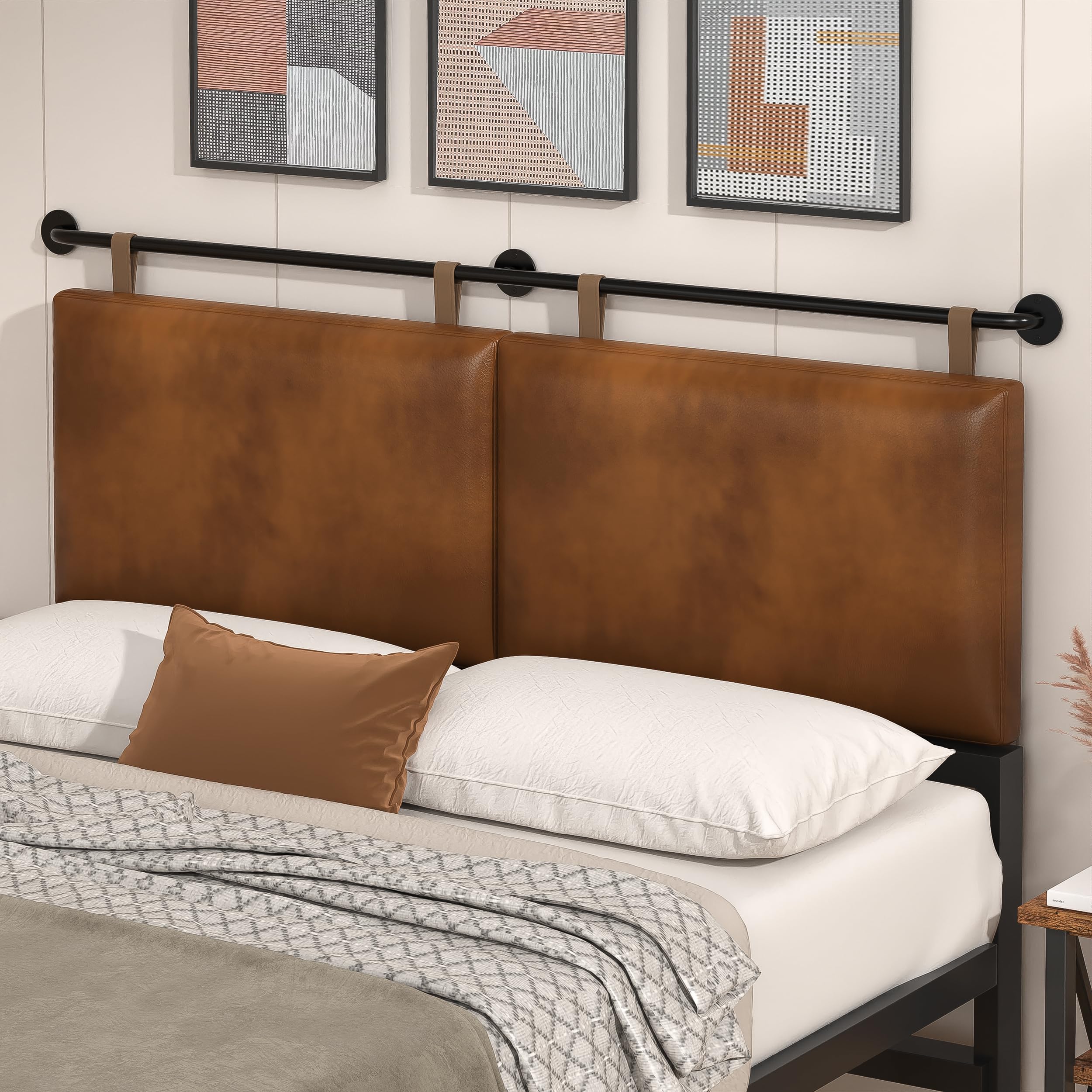 Industrial Pipe Queen Headboard - Brown Faux Leather Modern Bed Backboard | Space-Saving Hanging Design for Small Bedrooms & Studio Apartments
