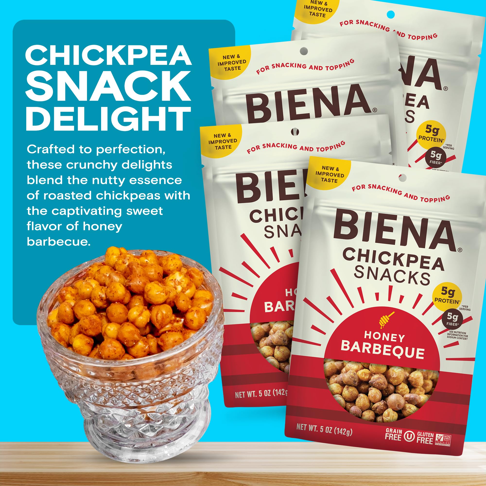 BIENA Crunchy Roasted Chickpea Snacks - High Protein & Fiber Healthy Snack for Adults & Kids - 4 Pack (5oz Bags) - Barbecue Flavor - Perfect for On-the-Go, School Lunches & Office Snacking