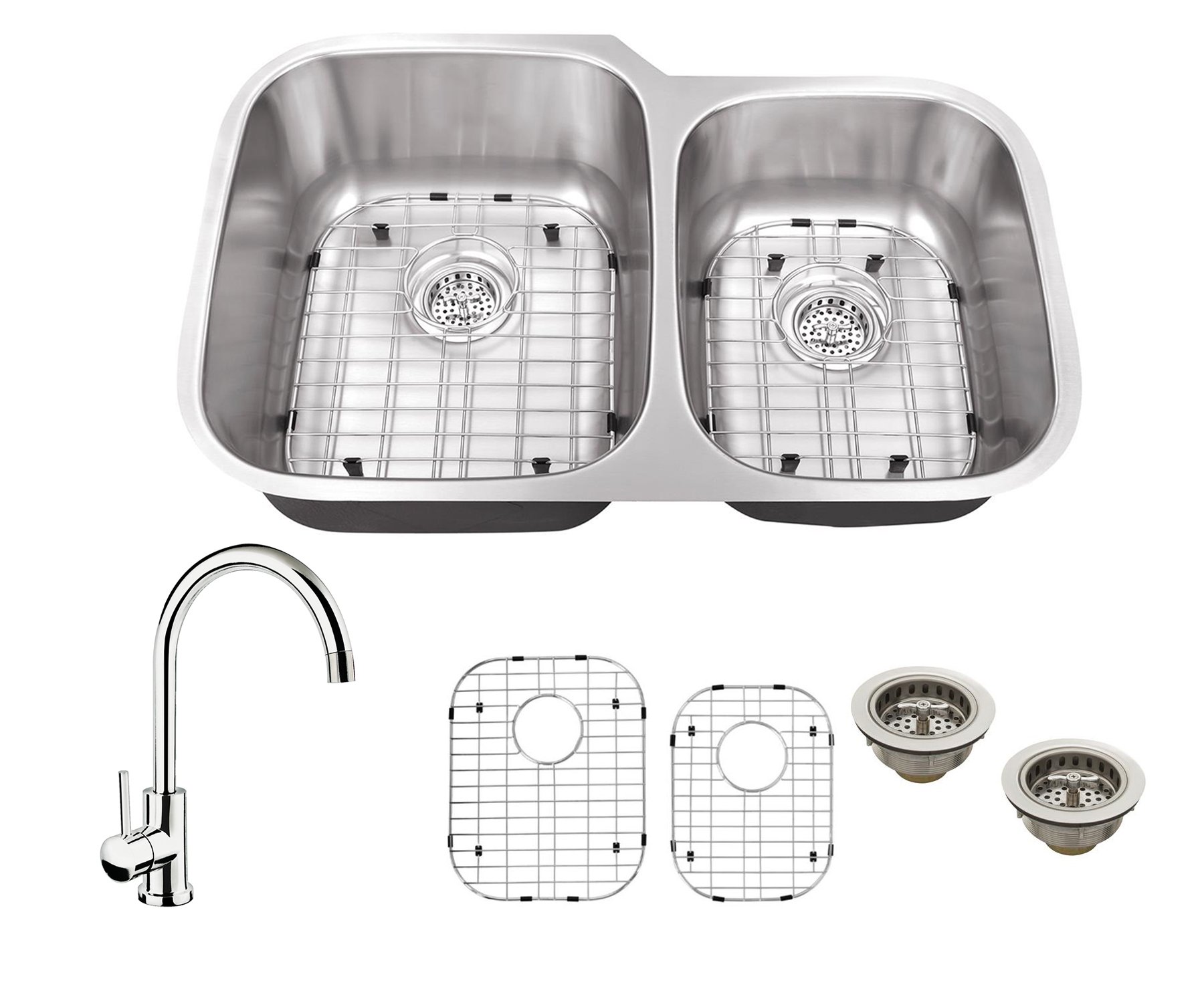 31-1/2-in x 20-1/2-in 16 Gauge Stainless Steel 60/40 Double Bowl Kitchen Sink with Gooseneck Faucet - Durable Commercial-Grade Sink for Restaurants & Home Kitchens