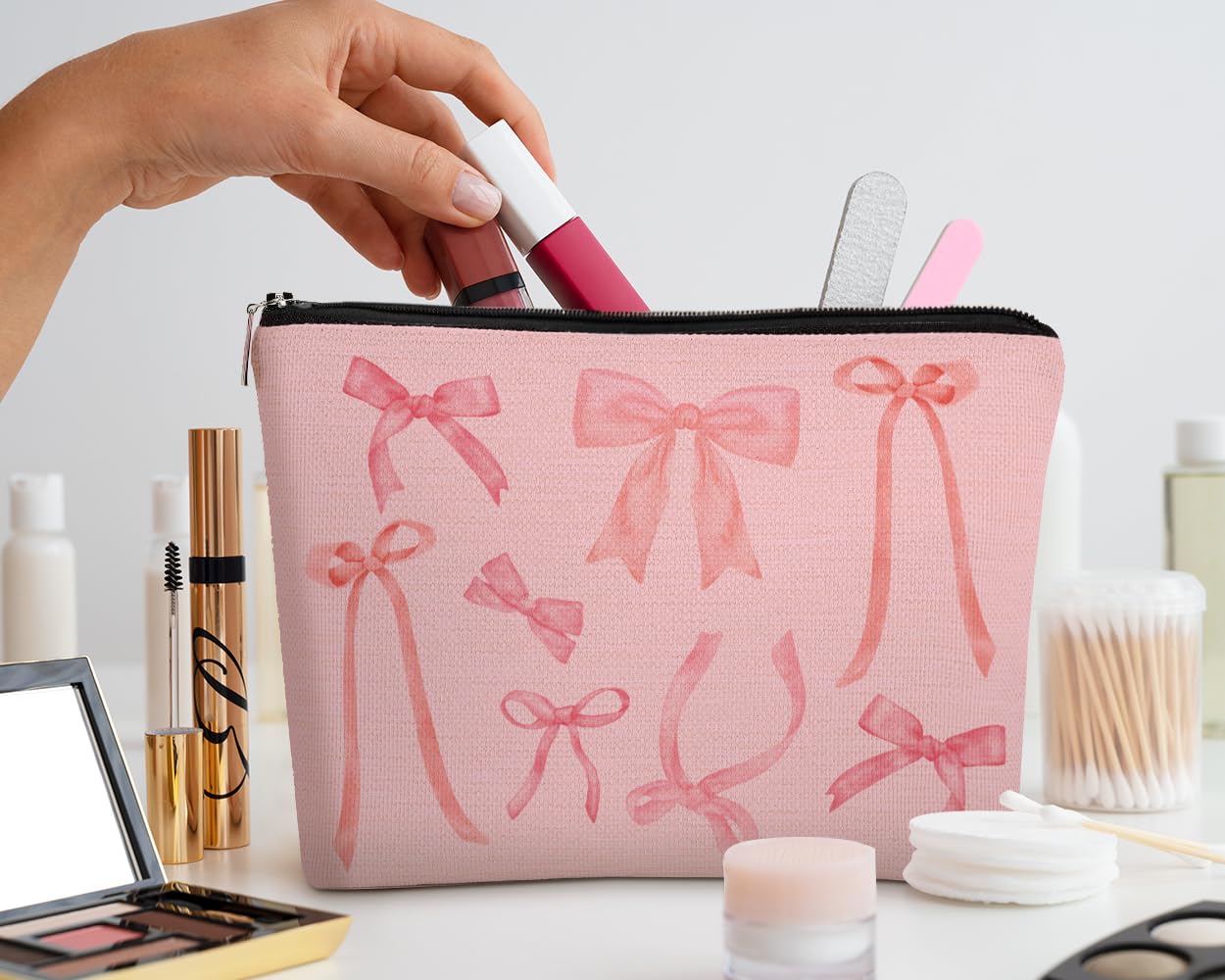 EXUQO Coquette Pink Bow Preppy Small Makeup Bag for Women | Trendy Cosmetic Pouch with Zipper | Perfect Gift for Teen Girls, Mother, Sister & Friend | Birthday, Travel & Toiletry Organizer | Cute Pink Aesthetic Accessory for School, Work & Vacation