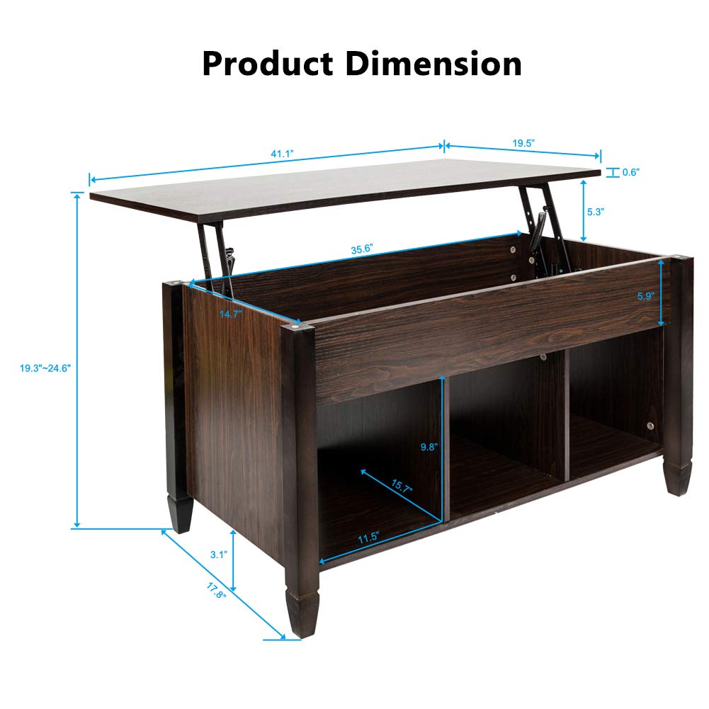 Modern Lift Top Coffee Table with Hidden Storage - Solid Wood Living Room Furniture, Convertible Desk & Organizer Shelf (Brown) - Perfect for Small Spaces, Home Office & Entertaining Guests