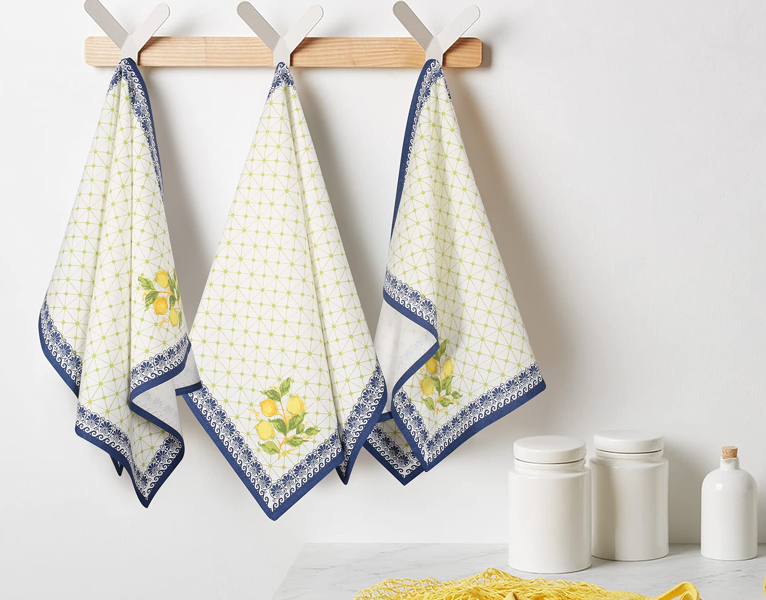 **FINGERCRAFT 100% Natural Cotton Kitchen Towels Set of 6 - Super Soft & Highly Absorbent Multi-Purpose Dish Cloths (20x30 Inches) for Cooking, Cleaning & Drying - Lemon Leaf Design**    *(Perfect for Dishes, Countertops, Hands, Glassware & Everyday Kitchen Use)*