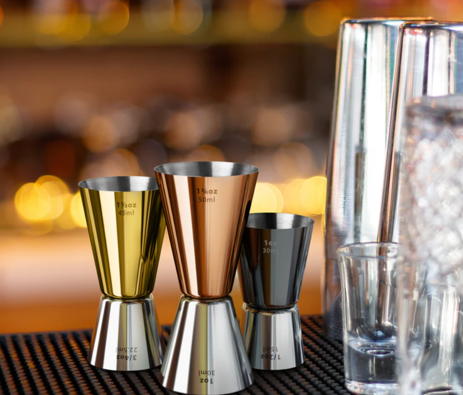 Premium Mixed Metal Double Jiggers Set of 3 - 1oz & 2oz Cocktail Measuring Cups for Bartenders - Perfect for Home Bars, Mixology & Professional Bartending
