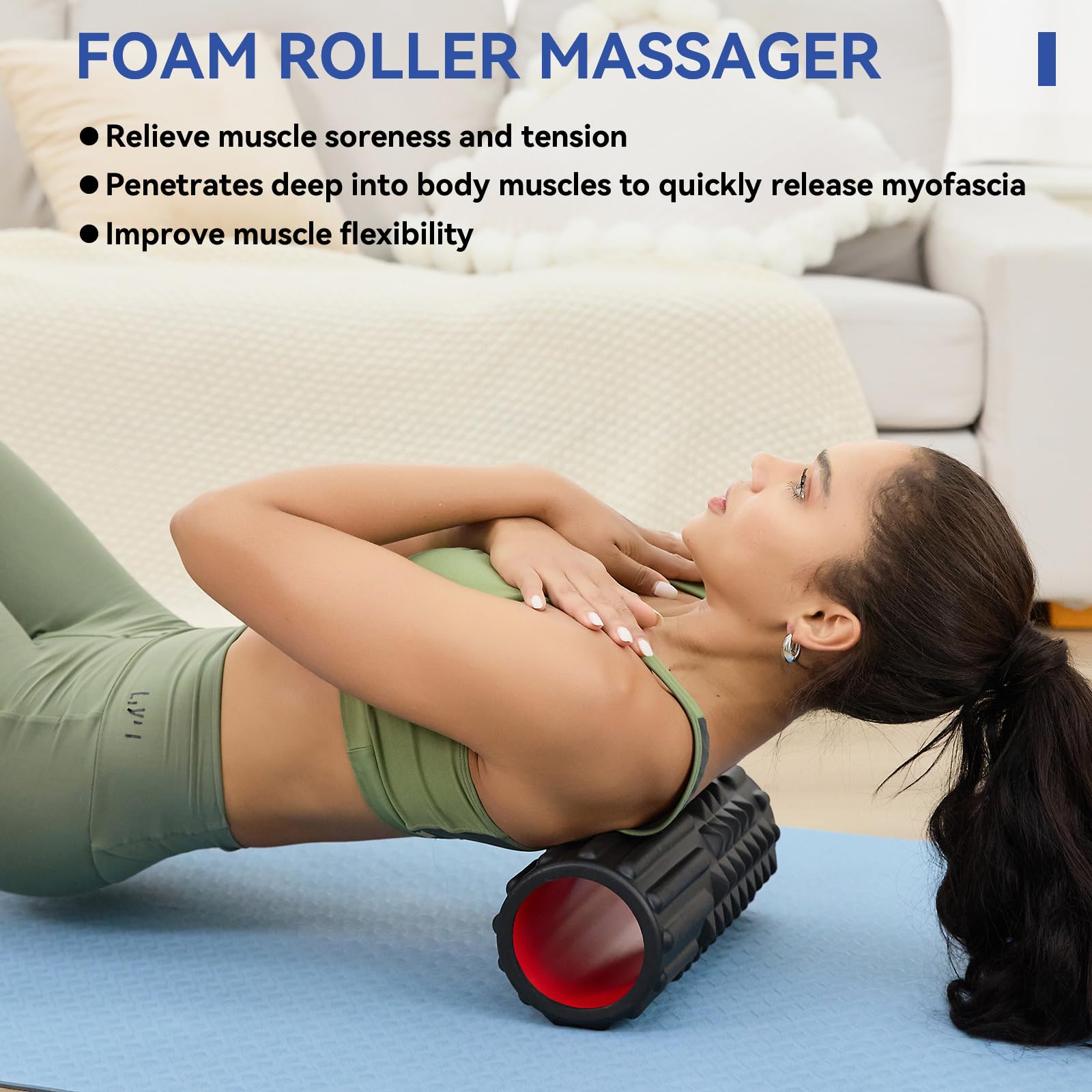 5 in 1 Foam Roller Set - Back Roller Foam, Muscle Roller Stick, Massage Ball & Resistance Band for Physical Therapy, Deep Tissue Massage & Muscle Recovery (Black) - Perfect for Home Gym, Yoga, Pilates & Post-Workout Recovery