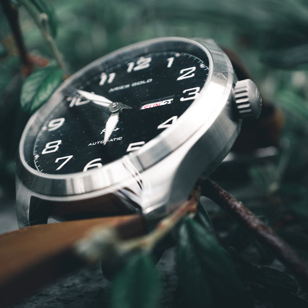 ARIES GOLD Automatic Men's Watch - Silver Stainless Steel Case with Brown Leather Strap (Model G 9017 S BK) | Elegant Dress Watch for Business, Formal Events & Everyday Wear