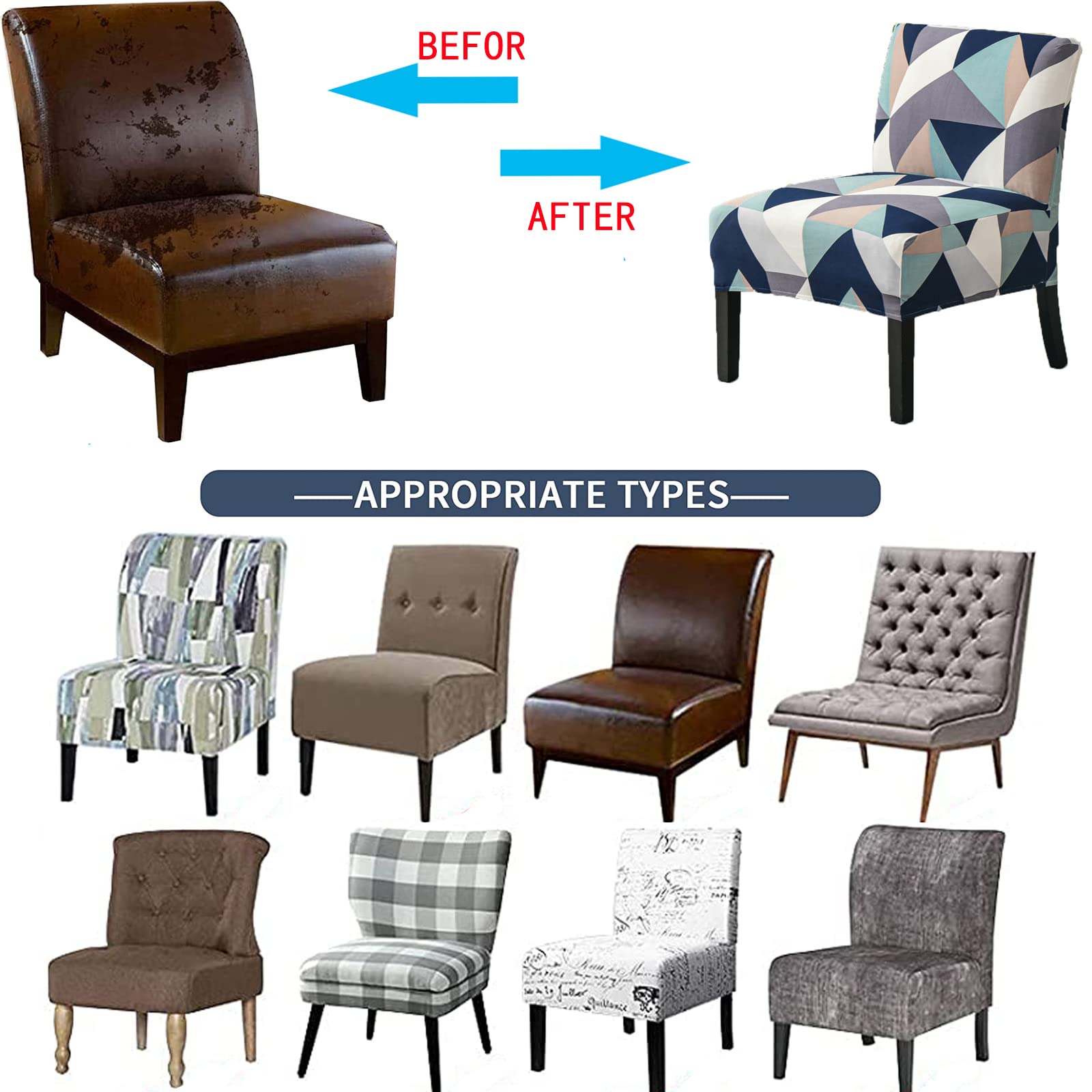 Printed Armless Chair Slipcover - Removable Accent Chair Cover for Living Room, Dining Room & Hotel Use | Stylish Slipper Chair Protector for Home Decor & Hospitality