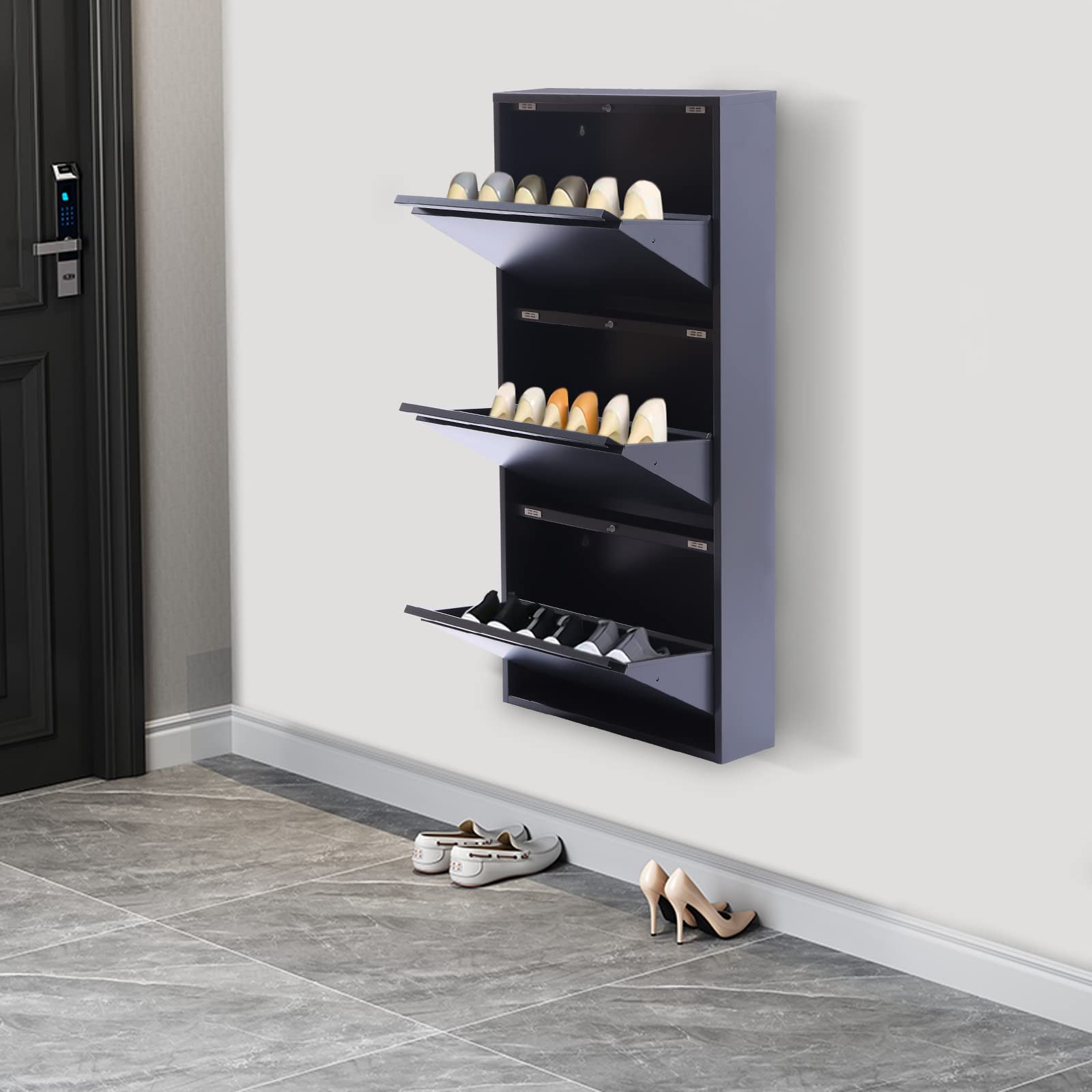 3 Drawer Wall Mounted Shoe Storage Cabinet - No Assembly Metal Shoe Organizer for Entryway, Hallway & Corridor | Holds 9 Pairs of Shoes | Space Saving Grey Cabinet for Small Apartments & Closet Organization
