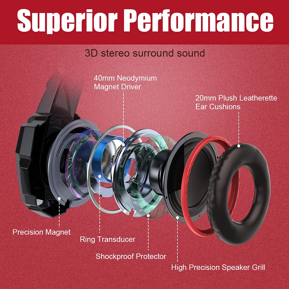 BENGOO Stereo Pro Gaming Headset with Noise Cancelling Mic - Compatible with PS4, PC, Xbox One, Laptop & Mac | Over-Ear Headphones with LED Lights, Bass Surround & Memory Foam Earmuffs | Perfect for Gaming, Streaming & Online Meetings