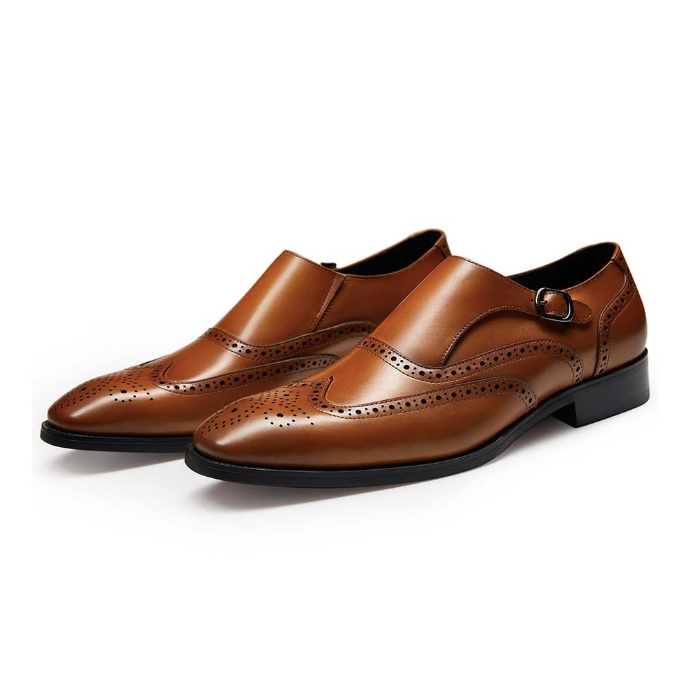FRASOICUS Genuine Leather Men's Dress Shoes - Monk Strap Wingtip Formal Slip-On Loafers for Business, Wedding & Office Wear