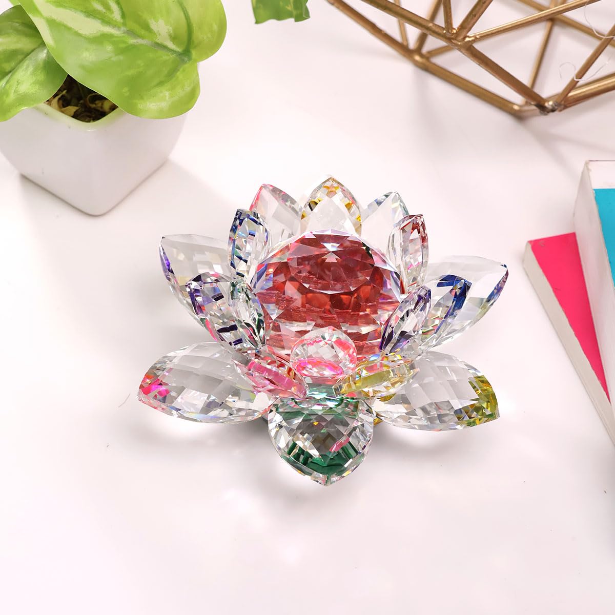 Multicolor Rotating Crystal Lotus Flower - Large Feng Shui Home Decor for Office, Study Desk, Bedroom | Glass Showpiece for Good Luck & Positive Energy | Perfect Gift for Housewarming, Meditation Spaces & Spiritual Decor
