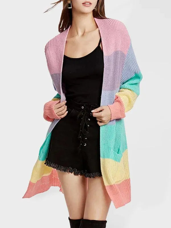 Rainbow Color Loose Knit Cardigan for Women - Soft Long Open Front Sweater for Casual Outfits, Office Wear & Layering