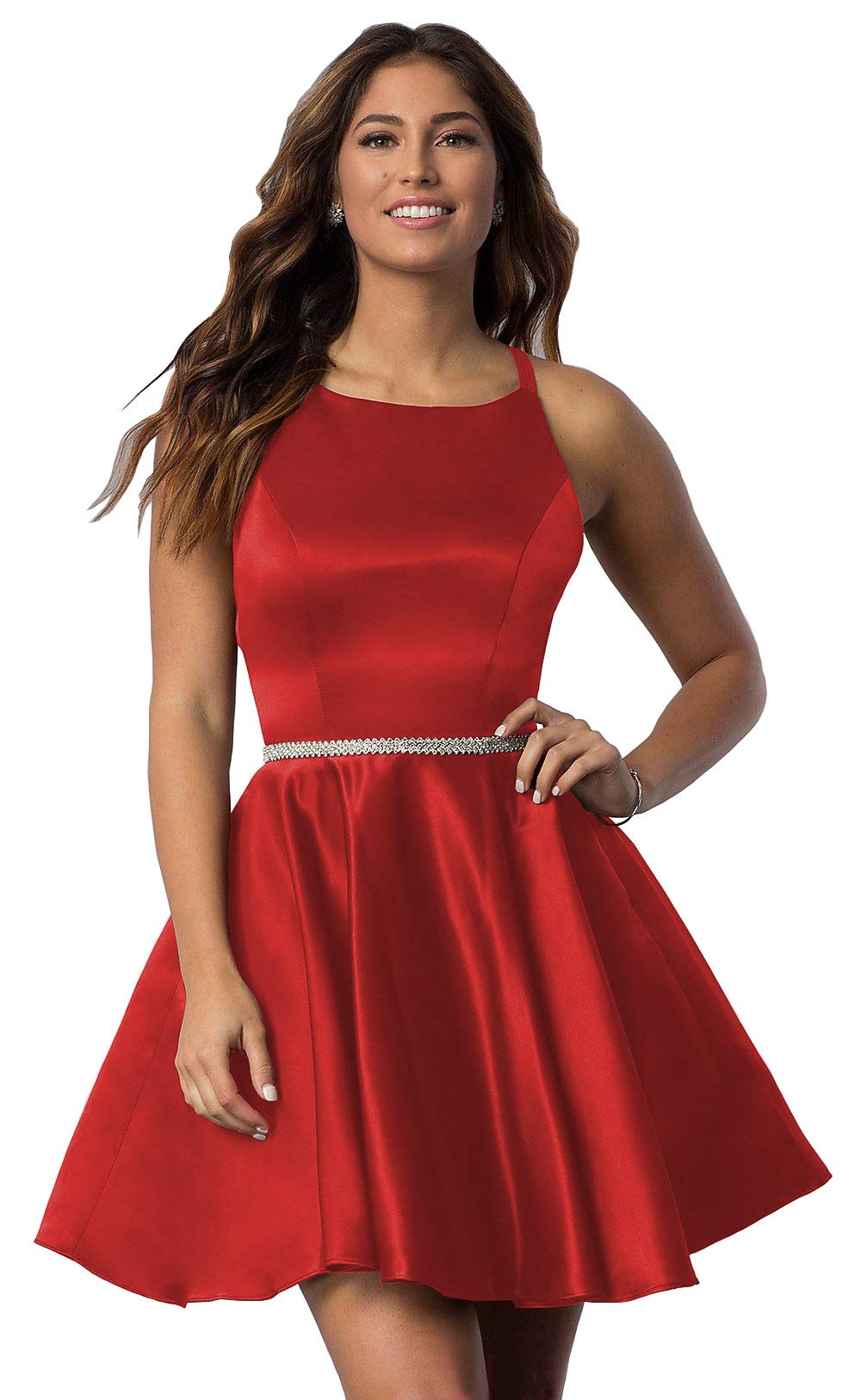 Elegant POMUYOO Women's Scoop Neck Beaded Satin Prom Dress - Short Homecoming Party Gown with Pockets | Perfect for Prom, Homecoming, Cocktail Parties & Special Occasions