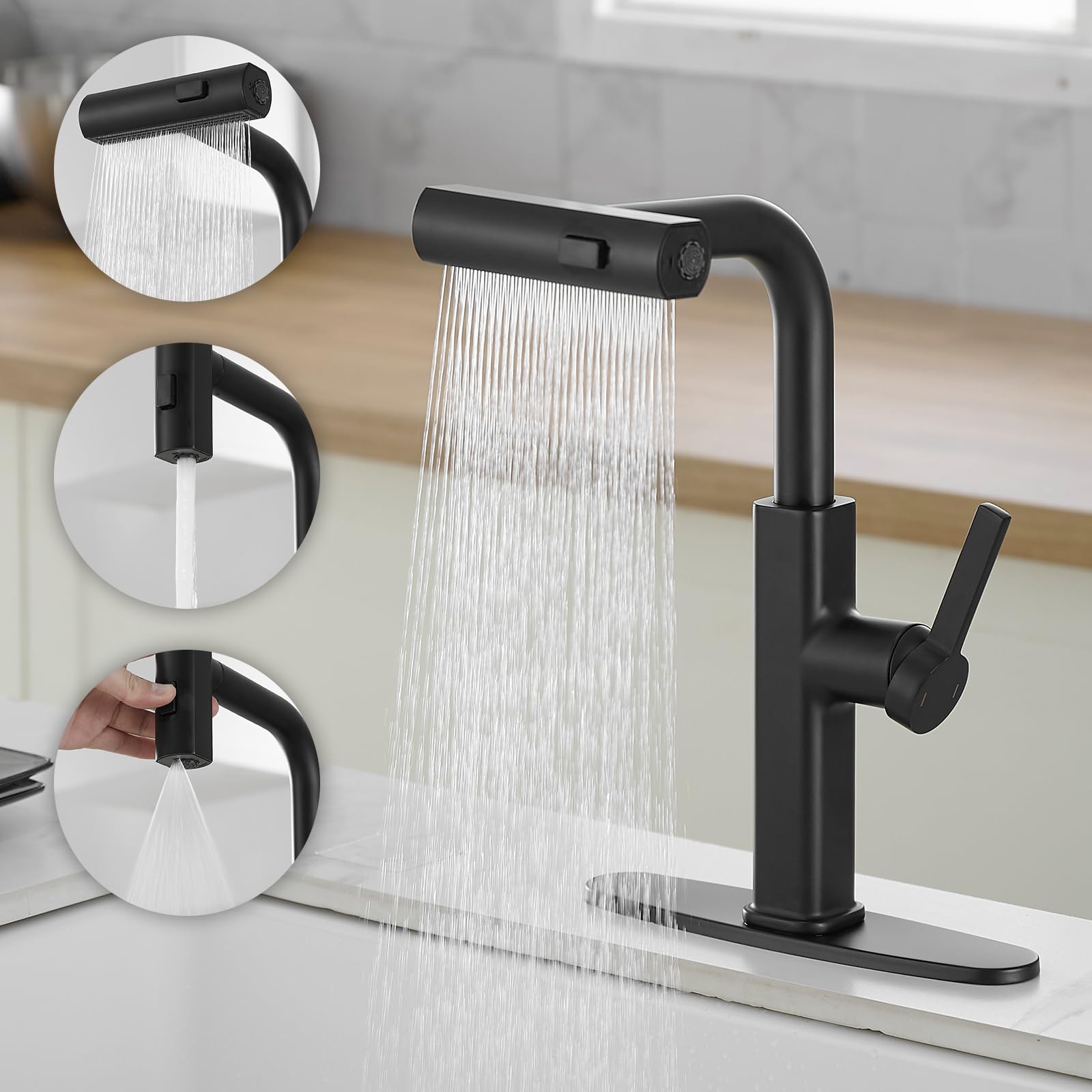 RUMOSE Matte Black Kitchen Faucet with Pull Down Sprayer - High Arc Waterfall RV Sink Faucet, 3-Mode Commercial Spray, 360° Swivel, Stainless Steel (Fits Single/3 Hole) - Perfect for RV, Laundry & Small Kitchen Sinks