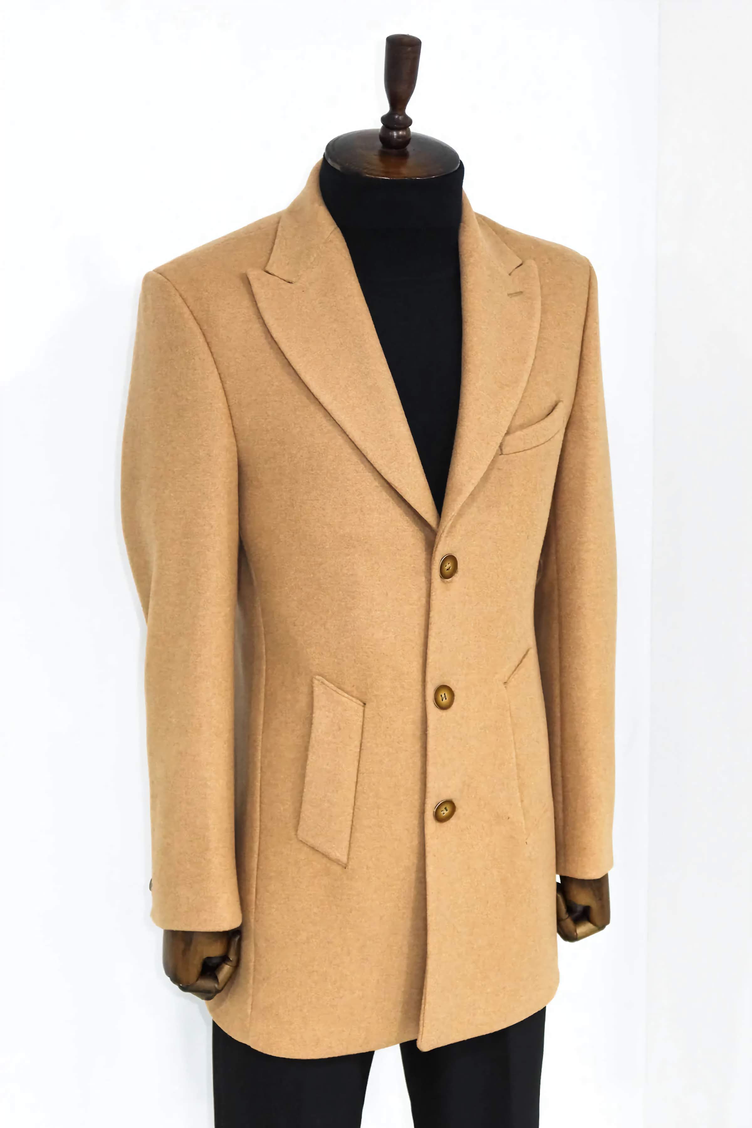 Stylish Camel Wide Lapel Wool Peacoat Slim Fit for Men - Perfect for Winter Fashion & Formal Occasions